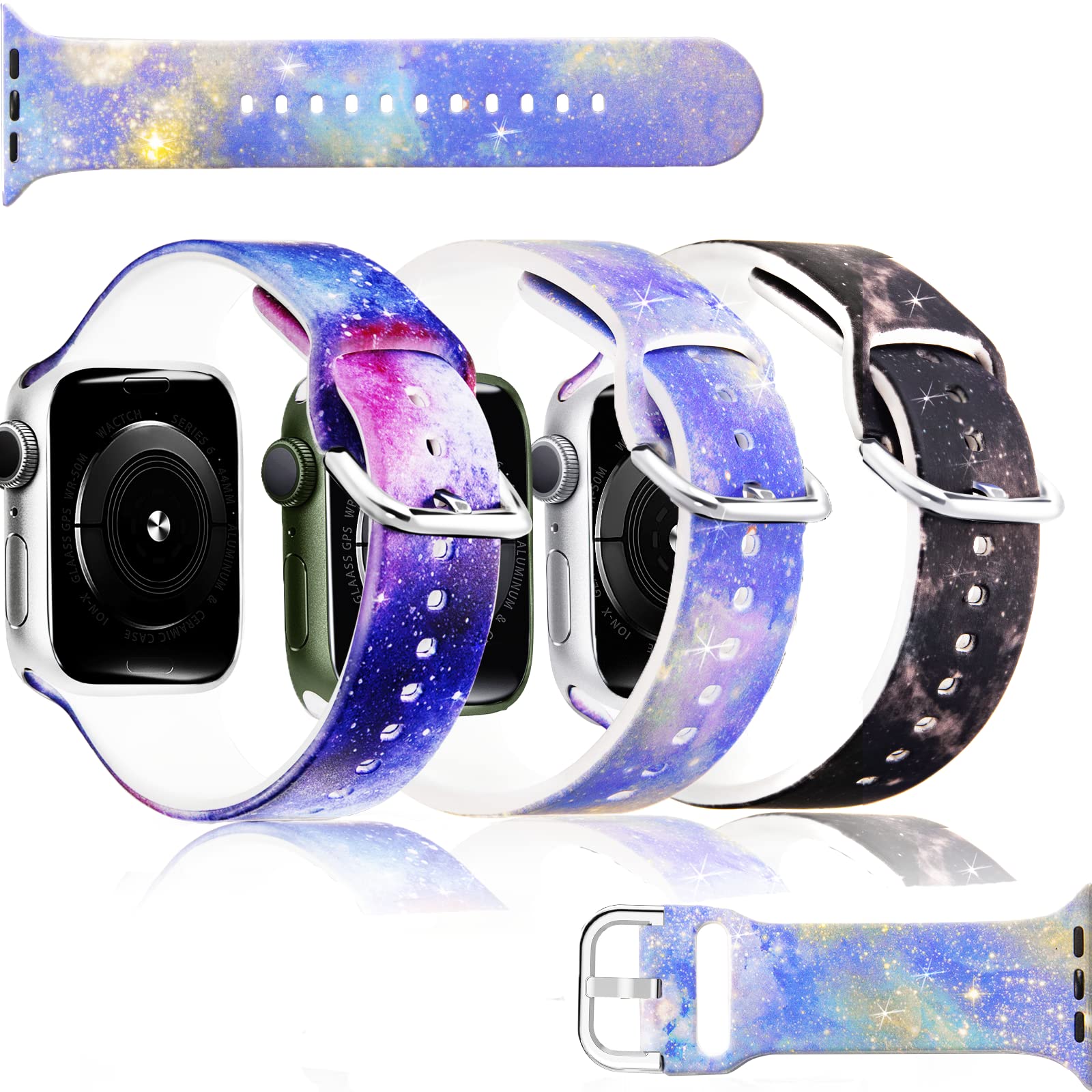 Blingbrione Starry Band Compatible Apple Watch Strap Print Pattern Women Man 3 Packs 38mm 40mm 41mm,Soft Silicone Starry Night Galaxy Star Sky Printed Girl Cute Wristband Strap for iphone Watch Series