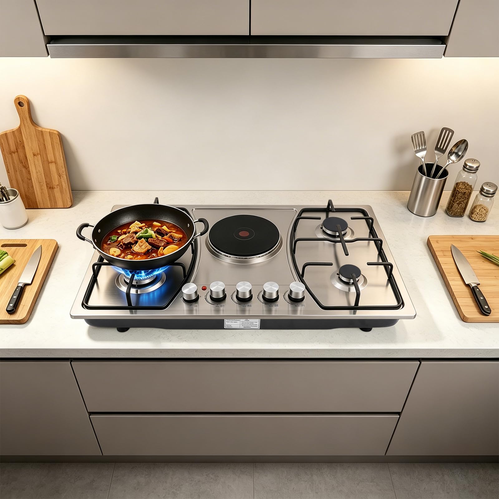 5-palnikowa płyta gazowa 76 cm, 9250 W, stal nierdzewna, do zabudowy
