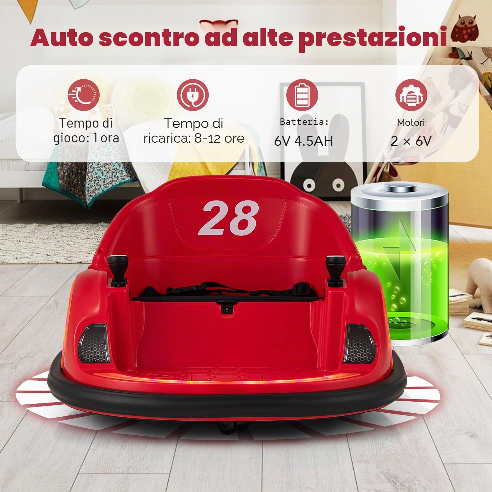 SOARS Autoscontro Elettrico per Bambini 6V, Macchina Elettrica per Bambini Rotante a 360°, Telecomando 2,4G, 2 Modalità di Controllo, Clacson e Musica, Carico 25 KG, 18 Mesi+ (Rosso)