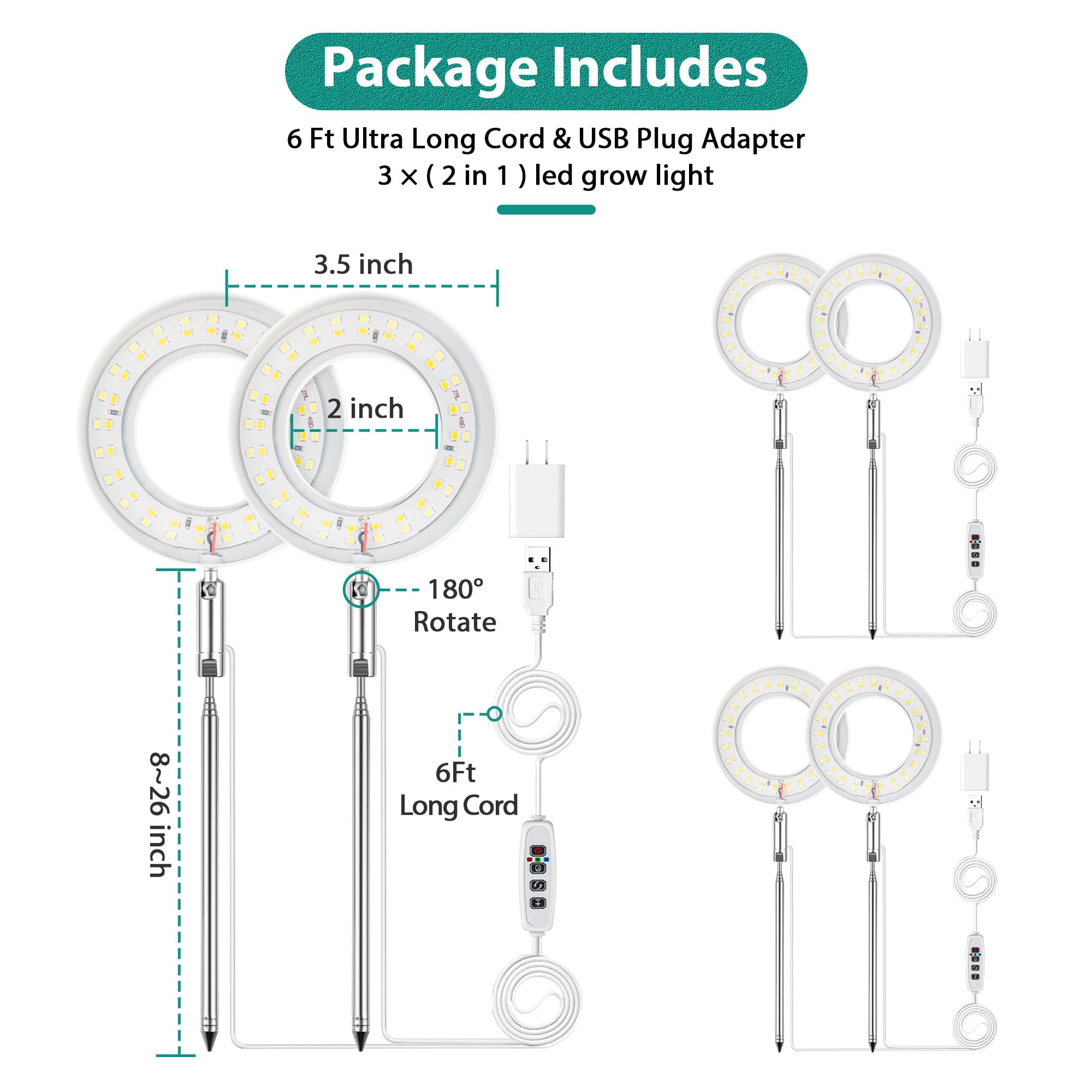 Meonum 3 Sets 6 Halo Grow Lights for Indoor Plants, Full Spectrum LED Plant Light with Smart Controller Timer/10 Brightness/3 Lighting Modes Growing Lamps, Height Adjustable for Potted Plants