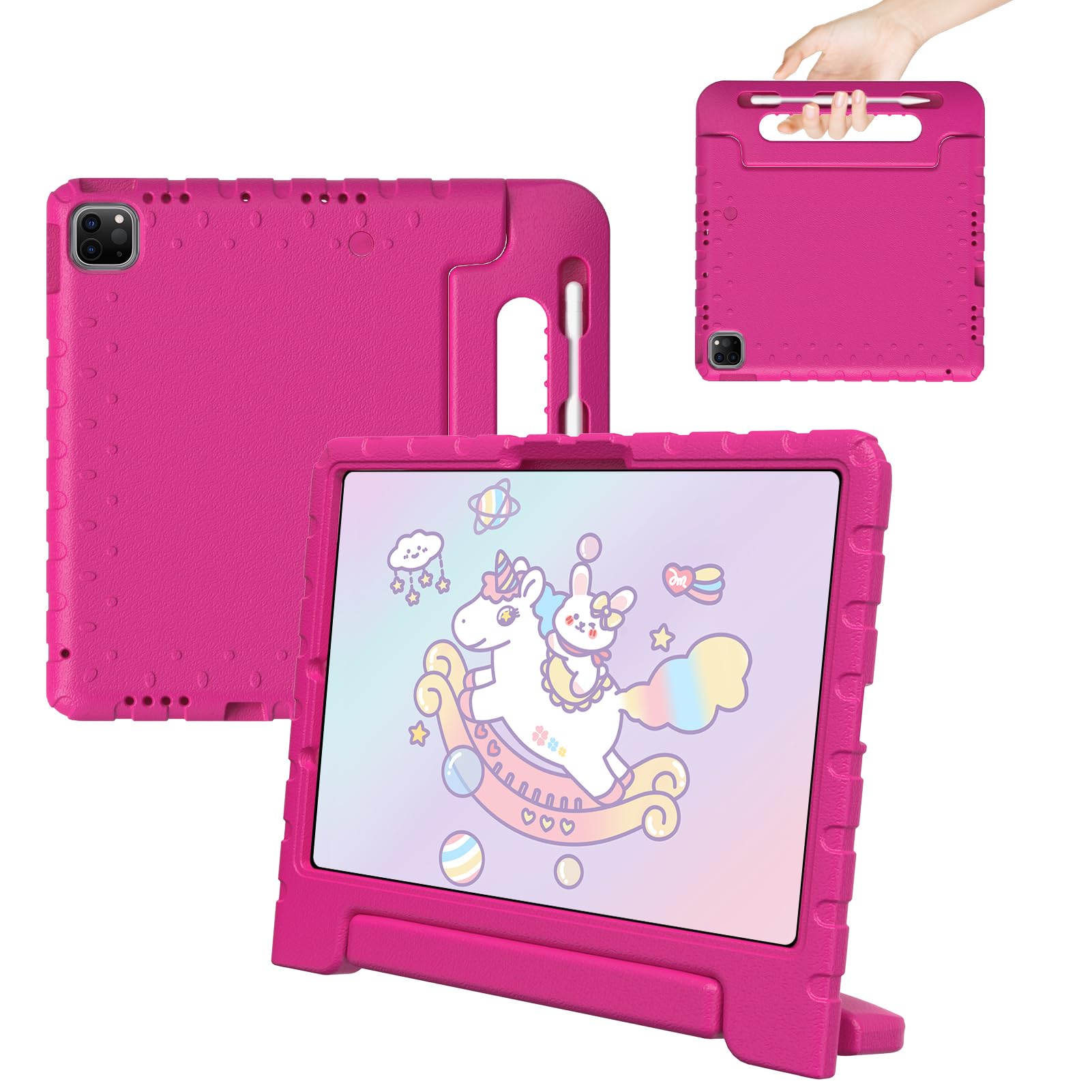 BILLISGOVA for iPad Pro 11 inch Case 2024 M4, Kids Proof Super Protection Cover for iPad Pro 11" with Pencil Holder & Anti-Slip Handle Stand - Rose