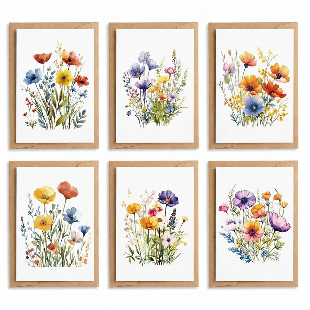 24 Blank Floral Greeting Cards with Kraft Envelopes - Watercolour Flower Notelets Set - Multipack for All Occasions, Thank You, Birthdays, Sympathy & Everyday Notes - 6 Botanical Designs