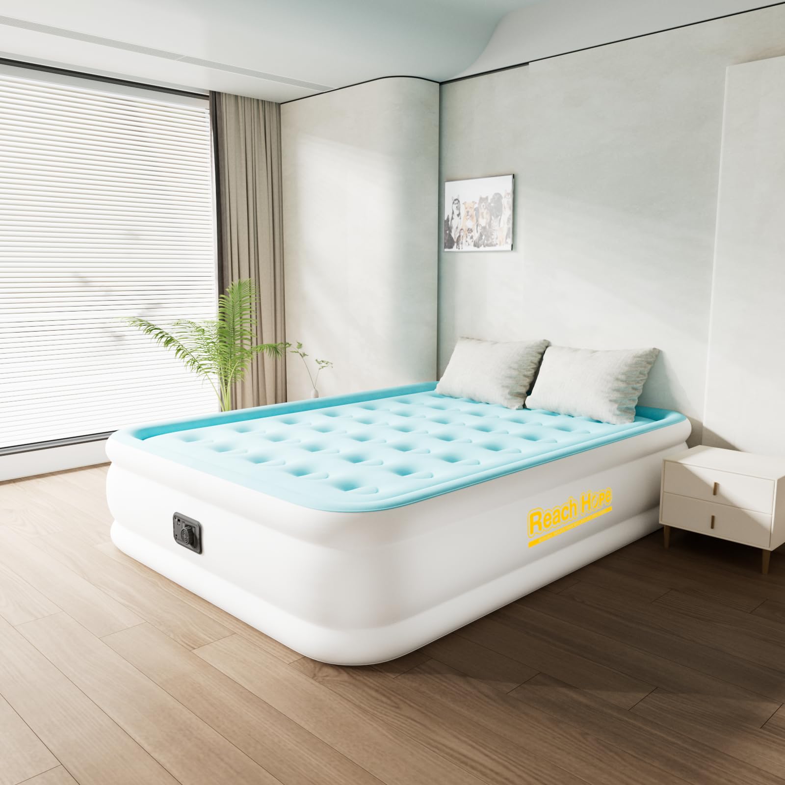 Matelas gonflable Queen avec pompe intégrée grand lit 2 places bleu de camping et invités