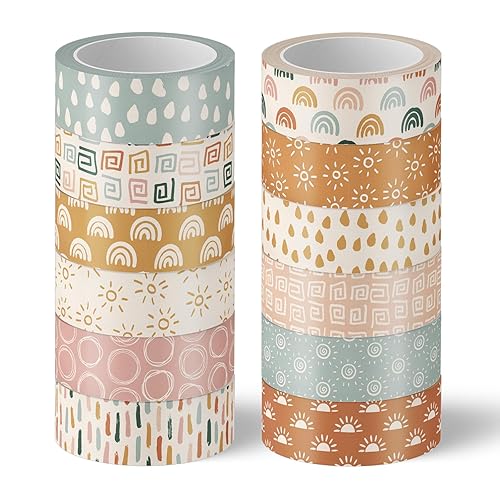12 rollos de cintas Washi retro bohemias, vintage, arco iris, sol, lluvia, Washi, cintas adhesivas decorativas dibujadas a mano para álbumes de