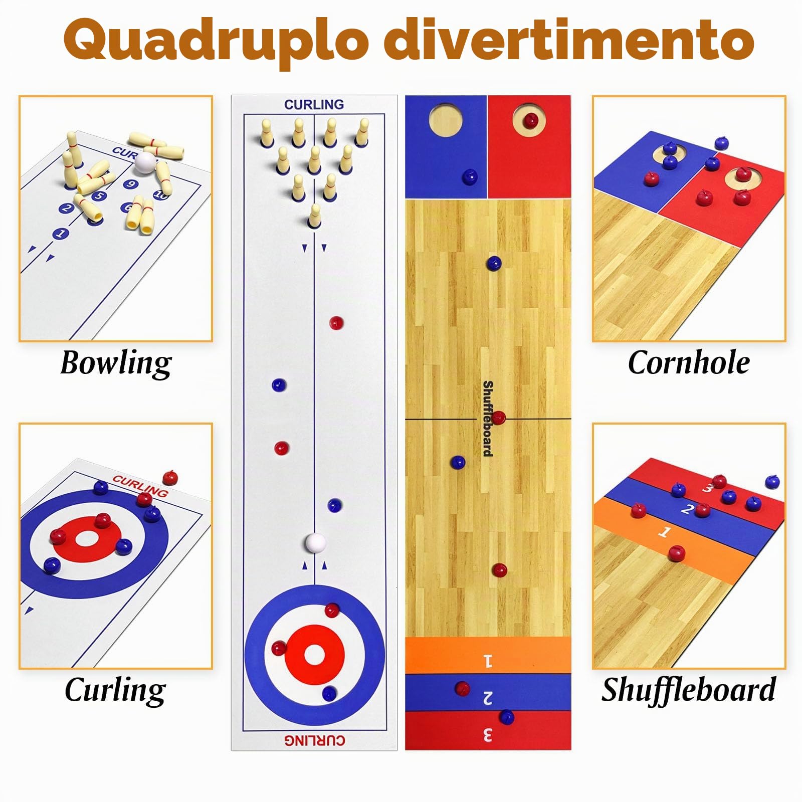 Set di giochi da tavolo 4 in 1, per shuffleboard, giochi da tavolo, shuffleboard, bowling, curling Cornhole, giochi da tavolo interattivi, ideale per scuola, casa, ufficio, feste