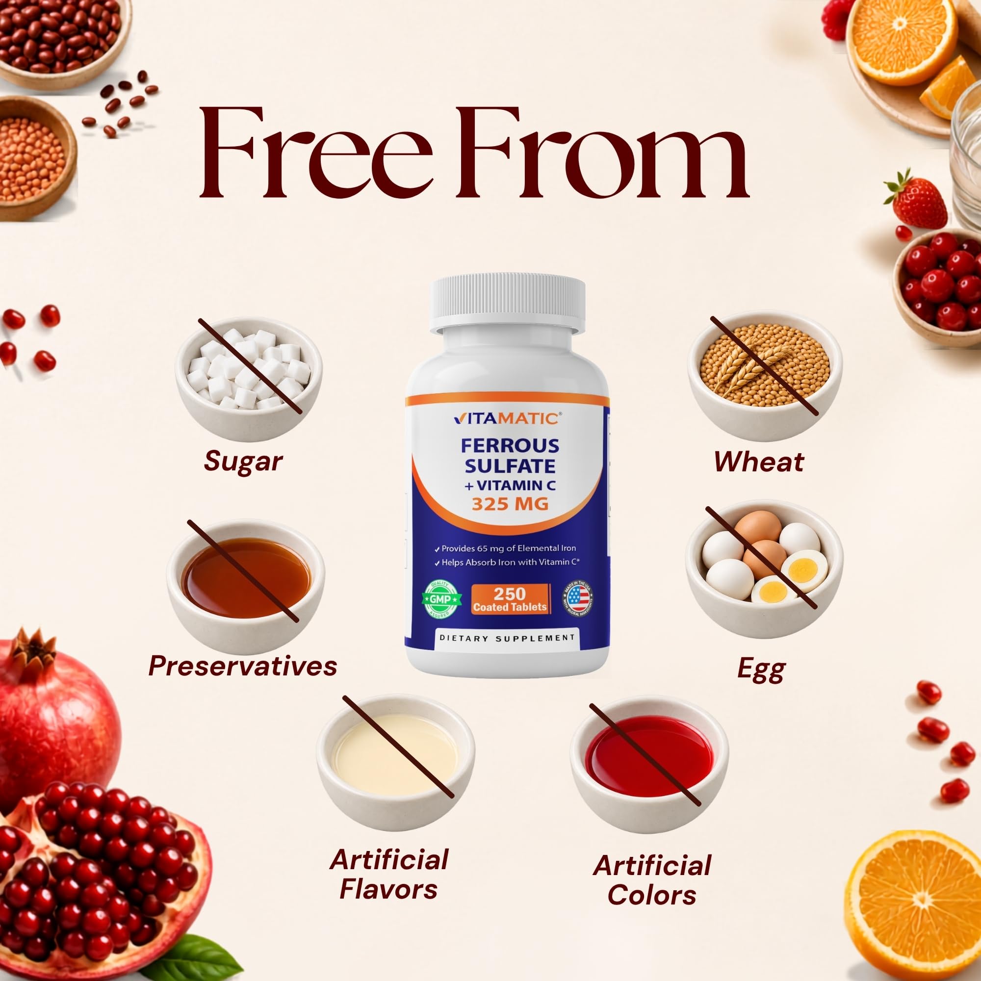 Vitamatic Ferrous Sulfate 325 mg with Vitamin C 100 mg (65 mg Elemental Iron) Coated Tablets – High Potency Iron Supplement – No Artificial Colors – Made in USA — Amazon image 6