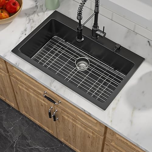 Miniatura 4 de Donsdey - Fregadero de cocina compuesto de granito 31 x 20 pulgadas, fregadero de cocina de granito montado en la parte superior, compuesto clásico