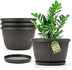 Quarut 10 inch Plastic Flower Pots for Outdoor Plants,4 Pack Large Outdoor Planter Pot with Drainage Holes & Saucers,Imitation Wine Barrel Design,for Indoor Outdoor Garden Plants(Brown)