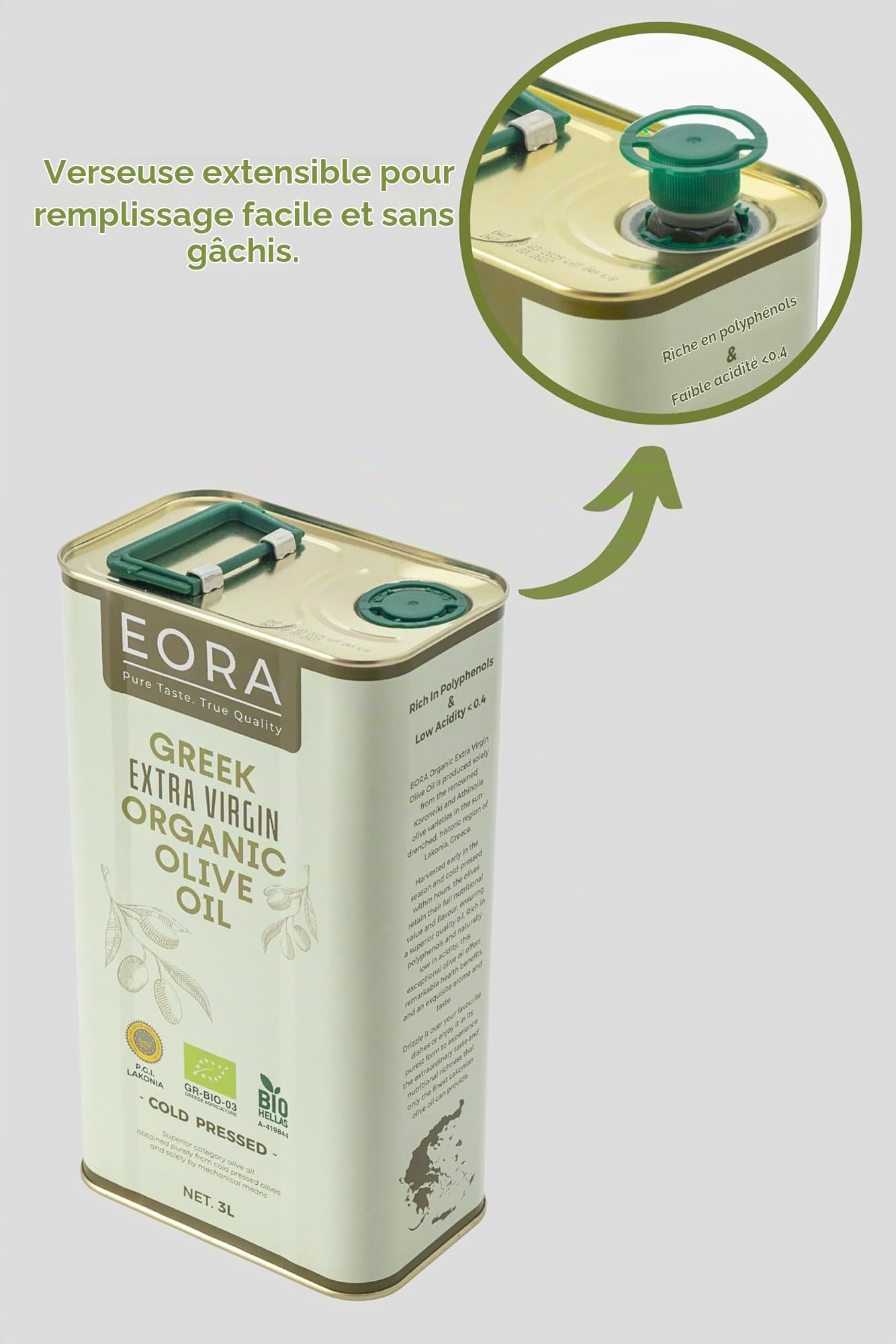 EORA Huile d’Olive Extra Vierge Grecque Bio Premium 3L (Nouvelle Récolte 25/26) – Haute teneur en polyphénols, extraite à froid, très faible acidité ~0,3% – origine unique IGP Lakonie, Grèce