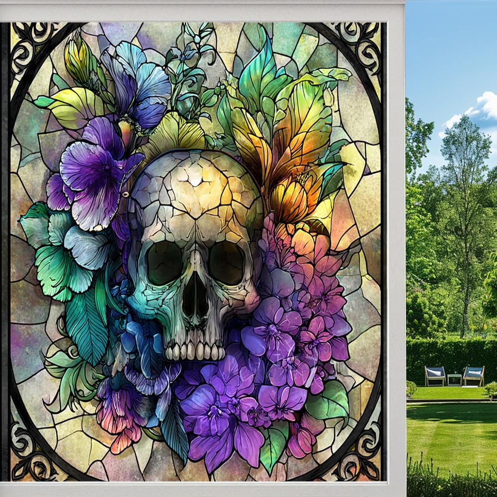 Abstract Skull Frosted Window Film, Mystery Dark Floral Stained Glass Privacy Film, Heat Insulation Self-Adhesive Vinyl for Bathroom Office,（55x80cm）