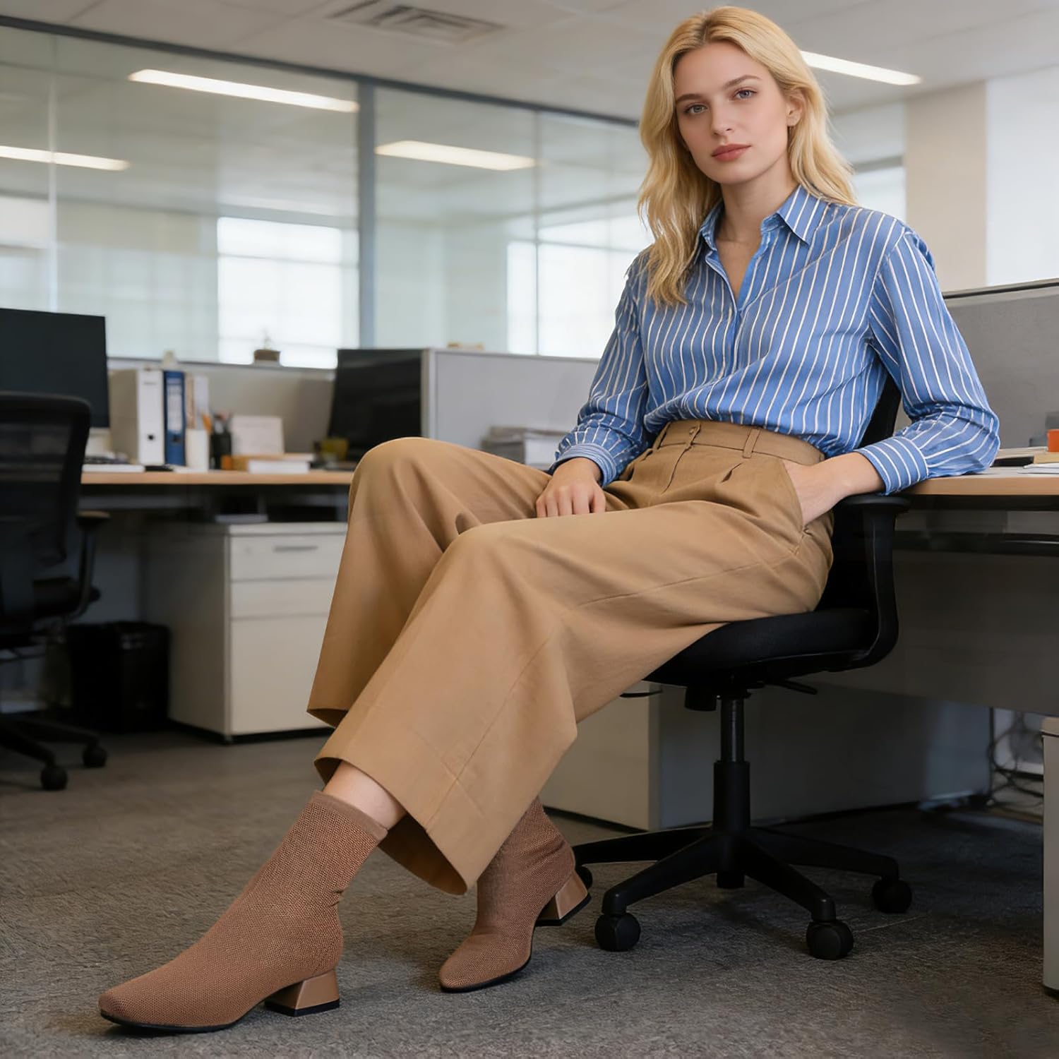 Buyrew Ankle Boots for Women Low Heel Booties Square Toe Sock Knit Chunky Winter Slip On Shoes - Image 3