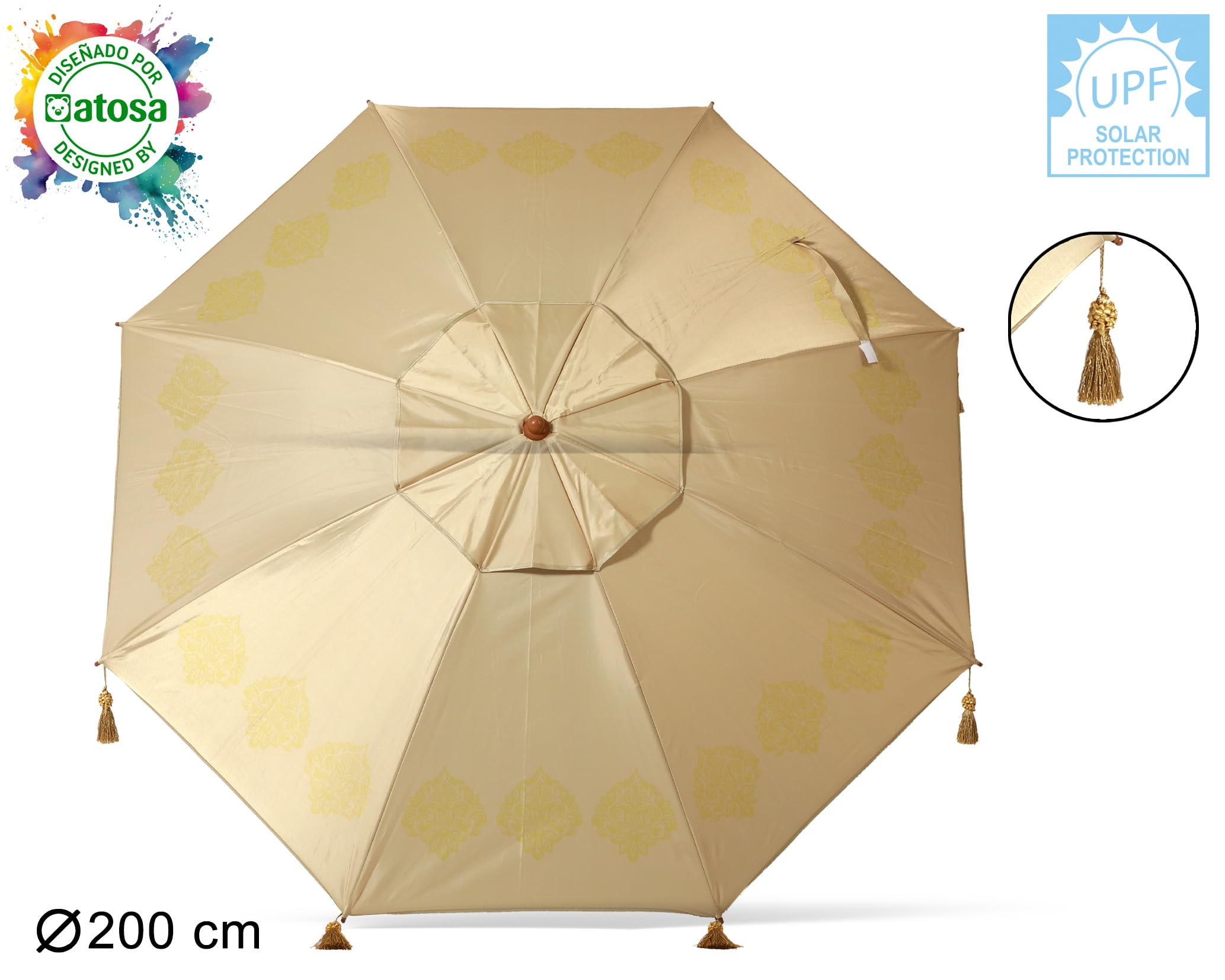 Atosa Strandschirm Ø 180 bis 240 cm aus Aluminium Orientalisches Modell mit Fransen mit LSF 50+, beige, 200 cm, Bohemien
