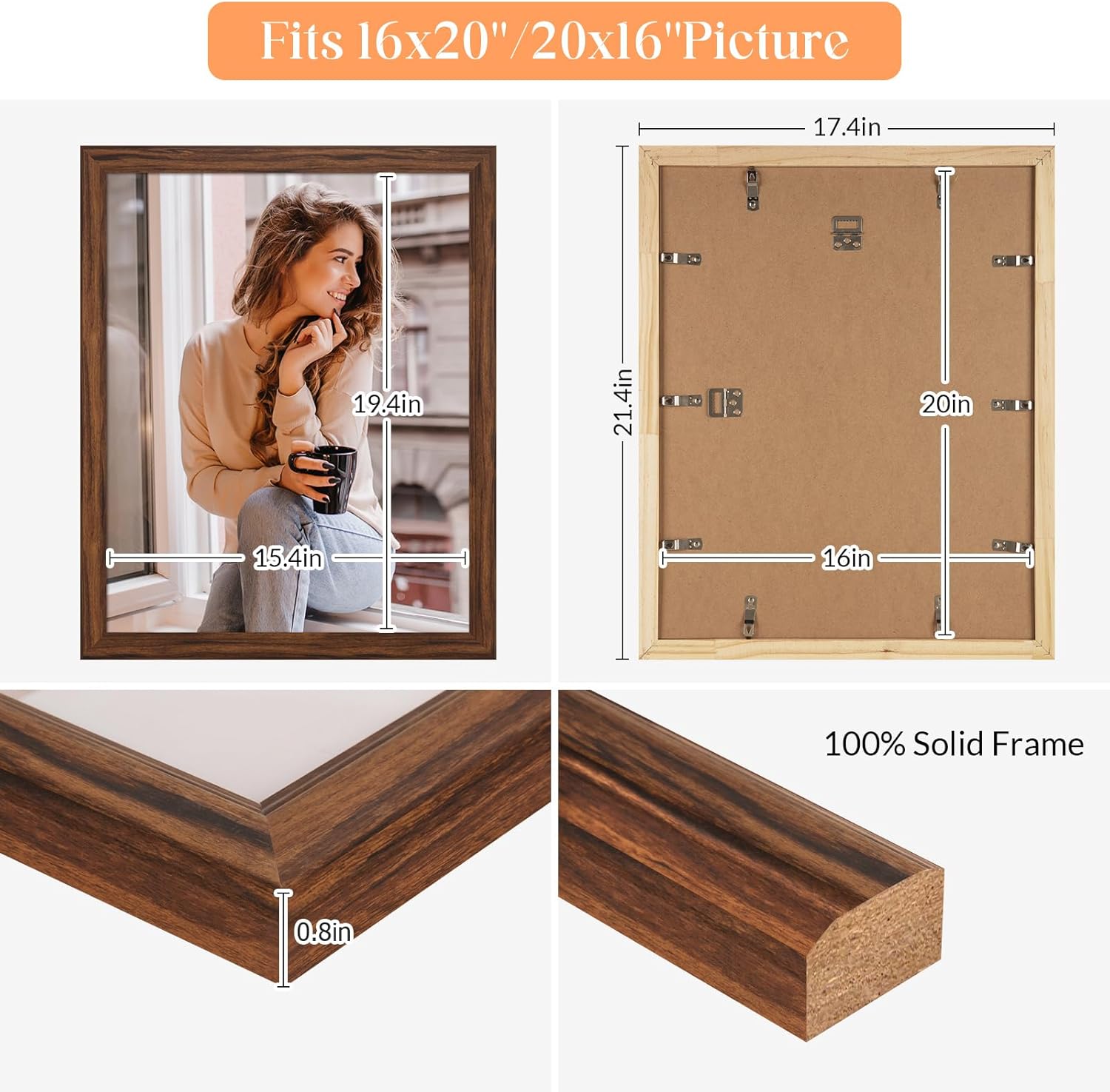 16x20 Wood Frame Brown, Rustic Natural 20x16in Woodgrain Picture Poster Frame, Modern Brown 16 x 20inch Gallery Wall Photo Frame with HD Plexiglass, Horizontal Vertical Wall Mounting Display 1pcs - Image 5
