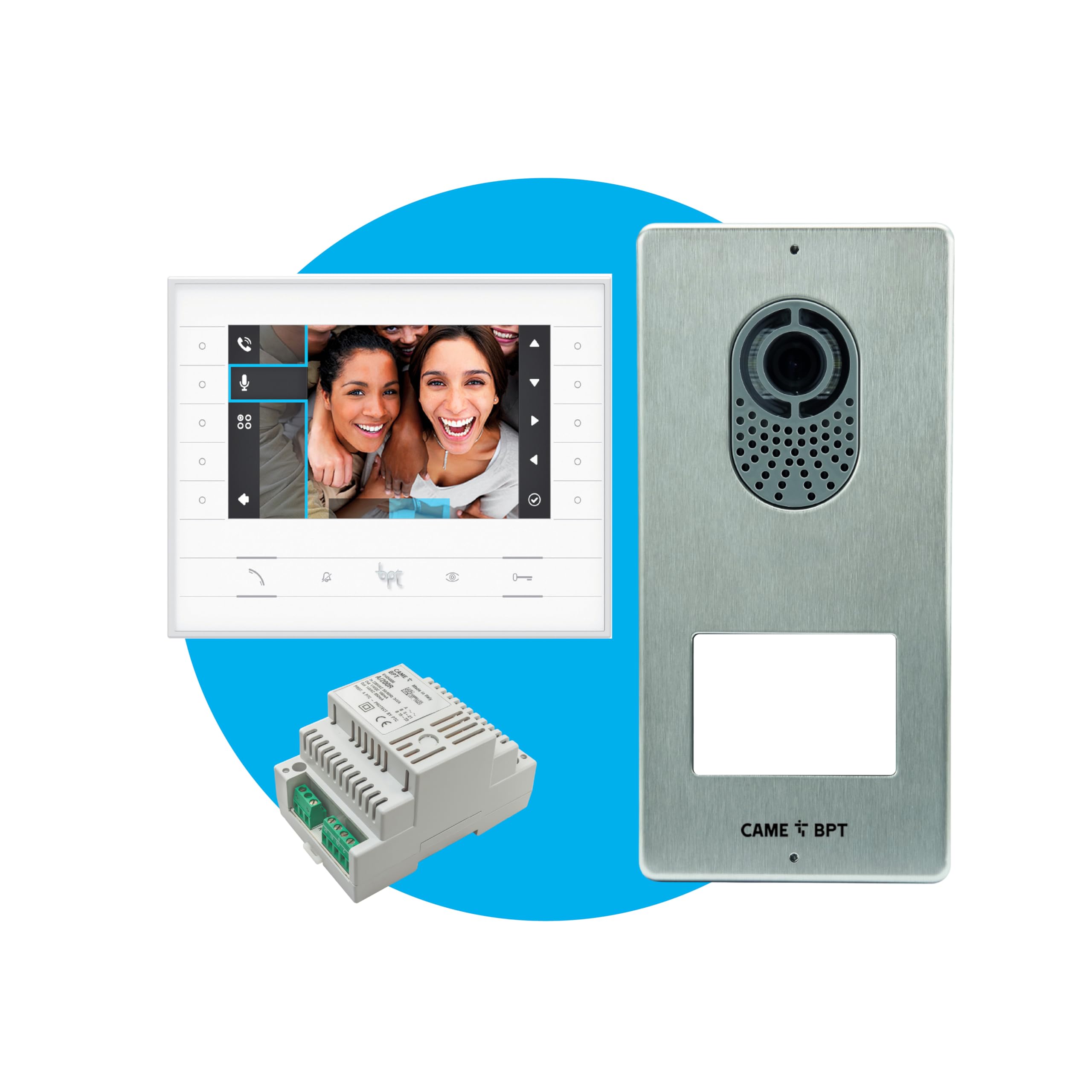 CAME Kit videocitofonico monofamiliare include videocitofono bianco FUTURA X1 vivavoce display LCD 7˝ tasti soft touch, targa esterna LCV/01, pulsante singolo con targhetta porta-nome e alimentatore
