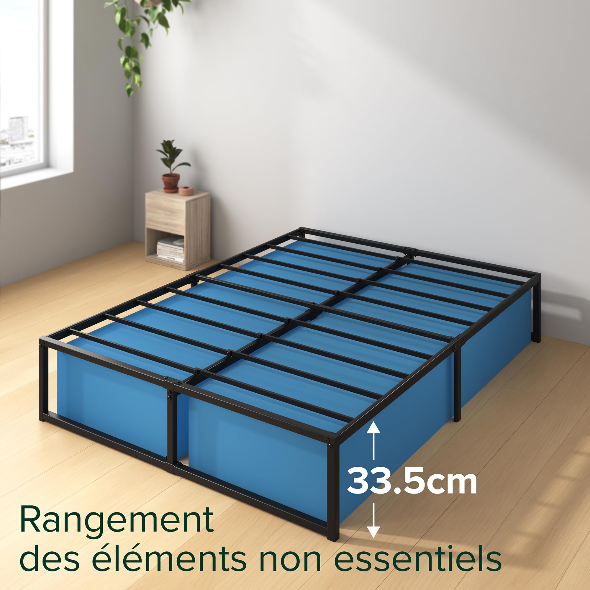 Zinus Lorelai Sommier 140x190 cm avec Lattes en Métal - Cadre de Lit 2 Personnes en Acier Robuste - Hauteur 36 cm pour Rangement - Montage Facile - Noir