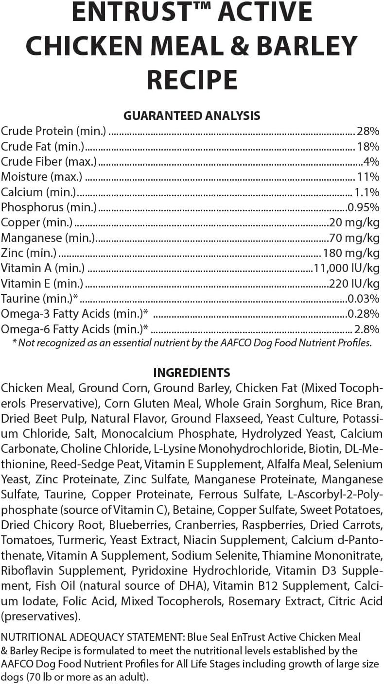 ENTRUST Active Dog Food | Real Chicken & Barley | Enriched with Super Foods, Antioxidants and Probiotics | No Wheat or Soy | 40 Pound Bag