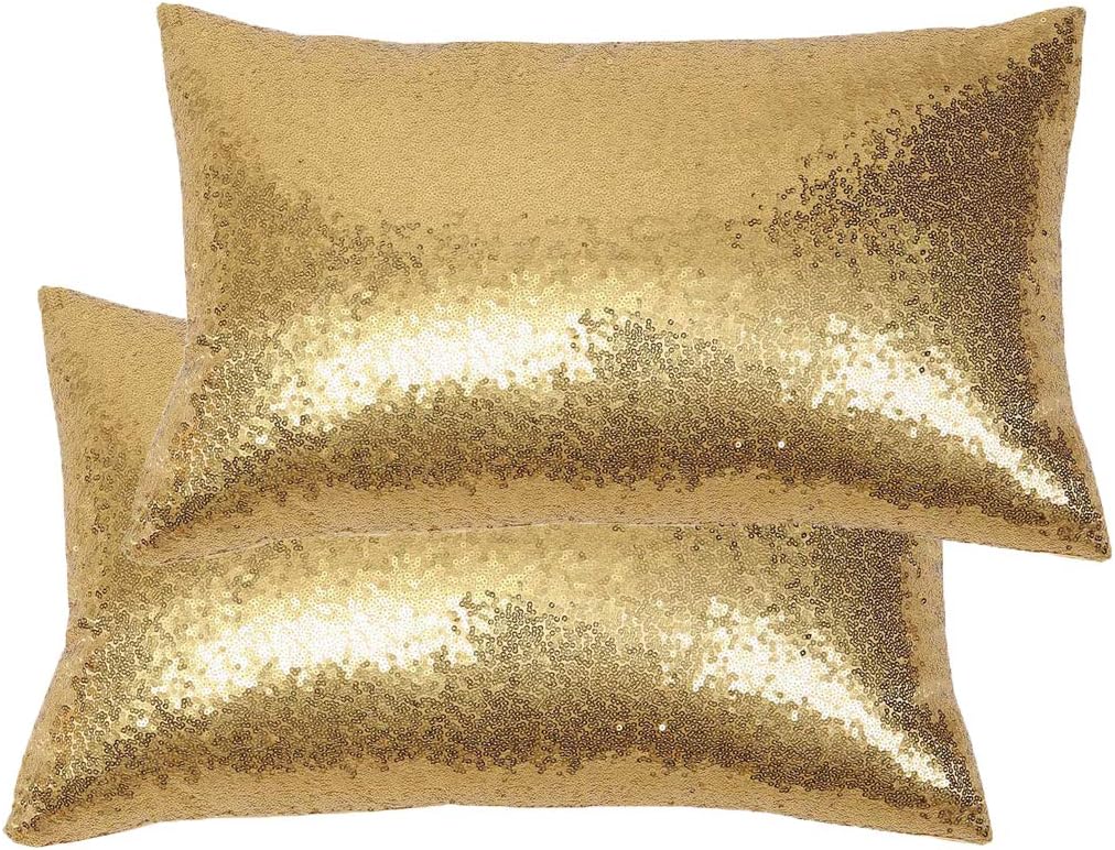 Poise3EHome 12x20inches Gold Throw Pillow Covers Sequin Decorative Pillow Covers for Couch, Bed, Living Room, Christmas (Gold, 2PCS) Gold 12" x 20" (Pack of 2)