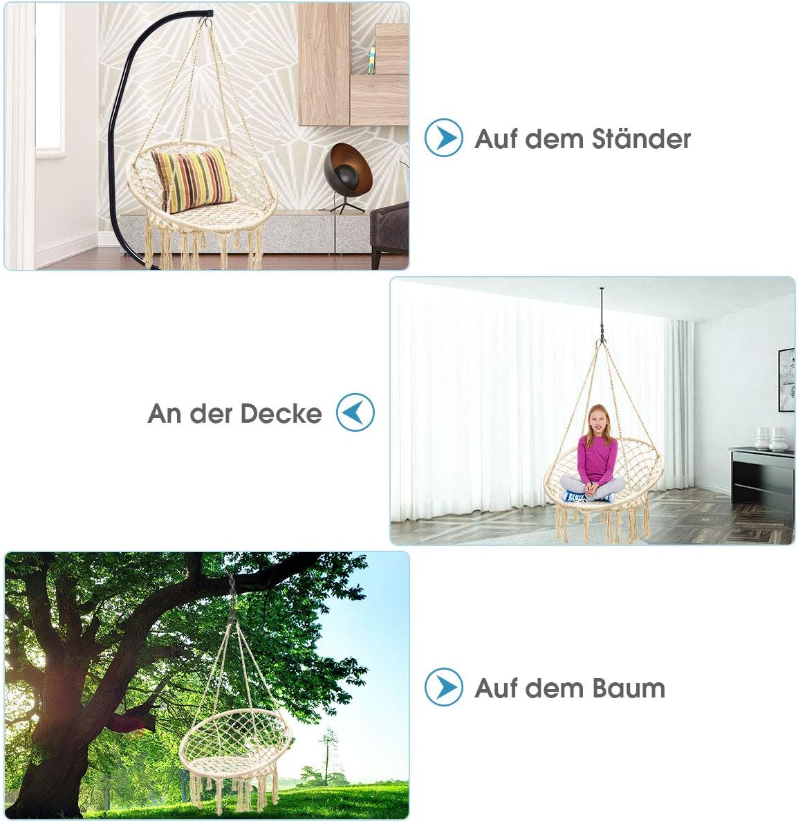 DORTALA Hammock Chair, Cotton Rope Macrame Hanging Swing Chair W/Metal Hoops for Living Room, Yard, Nordic Style, 330 LBS Capacity (Beige)