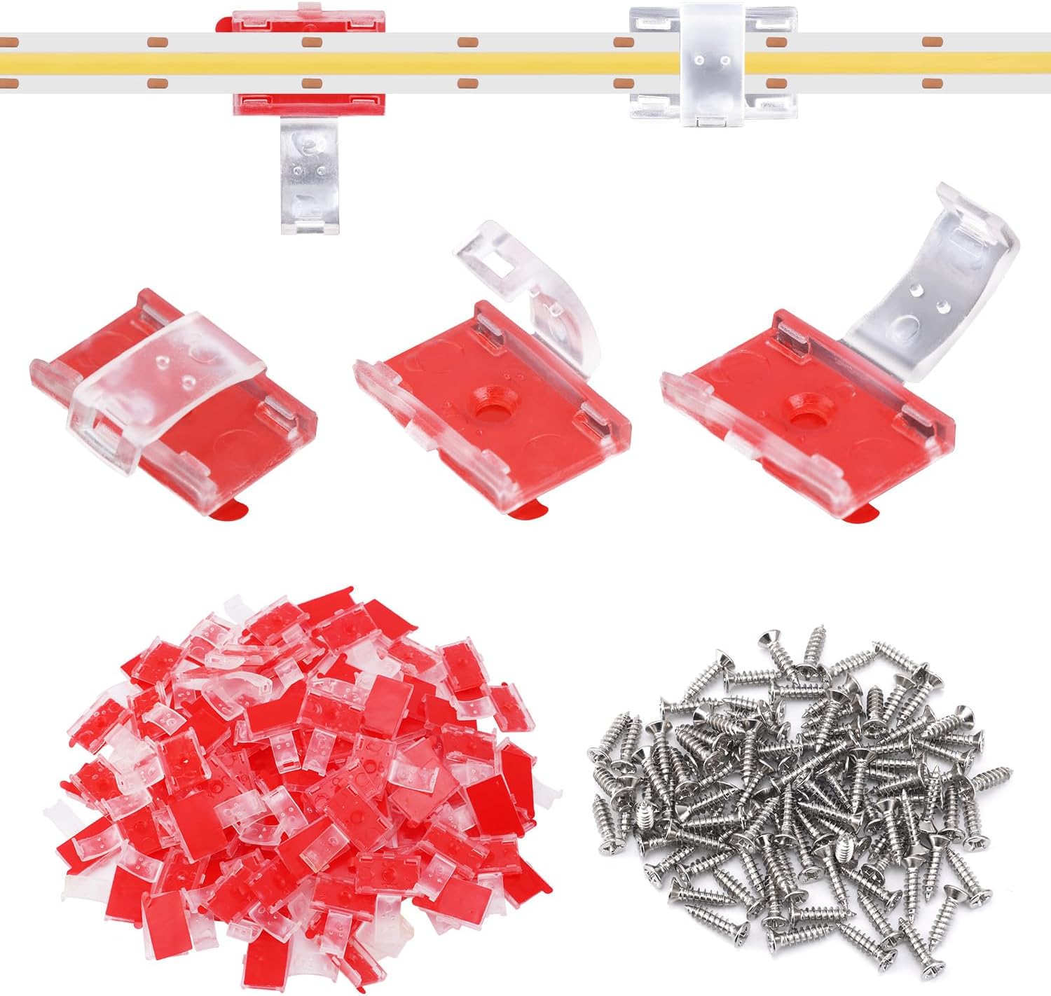 Gosknor 100pcs Led Strip Light Clips, Indoor Light Clips with Screws Self Adhesive Led Clips Led Strip Light Holder Self-Adhesive Mounting Brackets for 8-10mm/0.31-0.39inch Indoor Light Strip