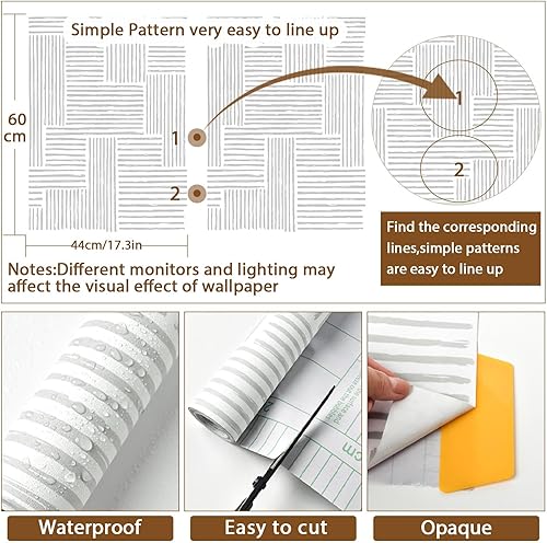 Miniatura 2 de Naphite Papel tapiz moderno de color gris para despegar y pegar, papel de contacto de línea a rayas boho para armarios, cajones, geométrico,