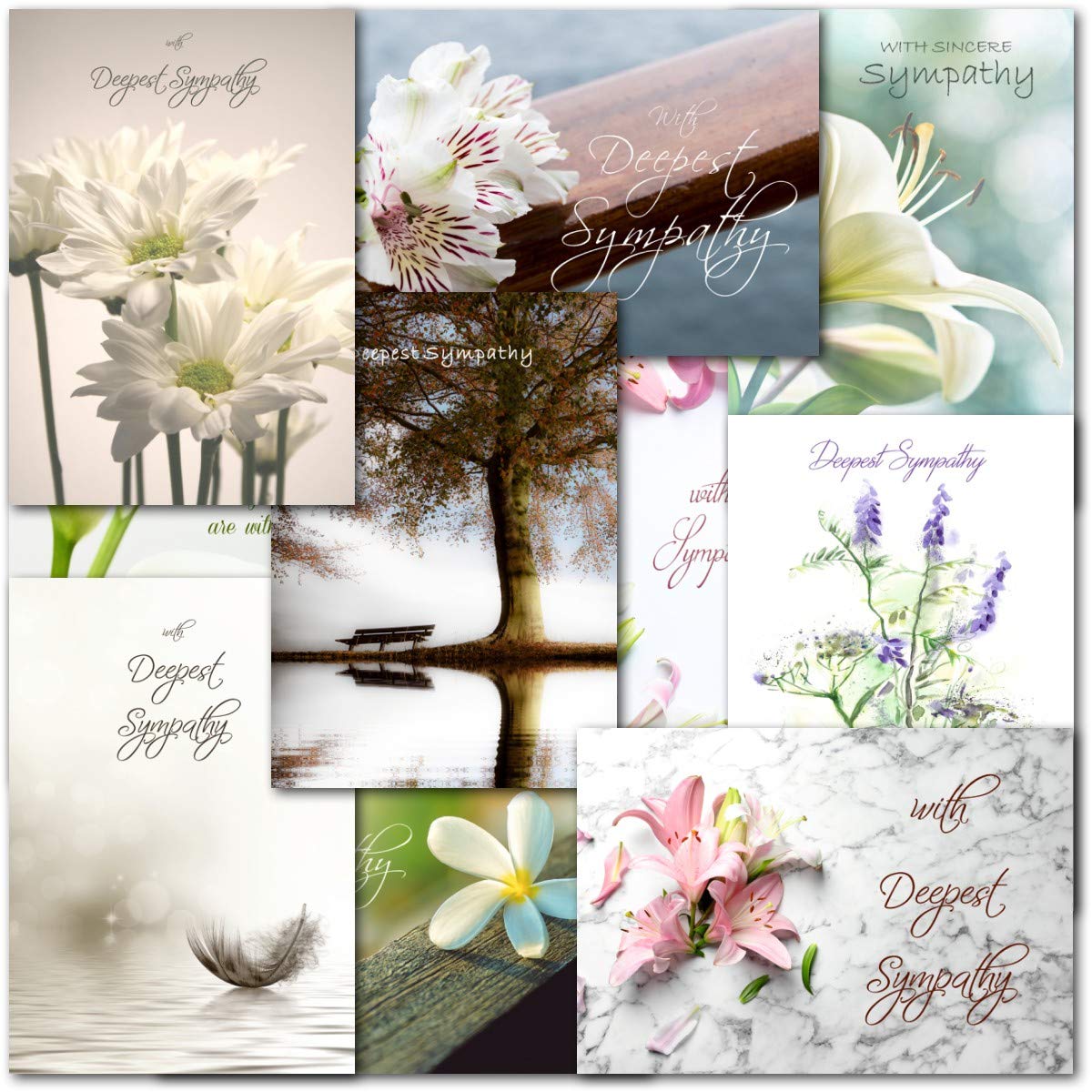 Doodlecards Pack 10x Mixed Sympathy, Bereavement, Condolence, Loss of, Thinking of You Cards with envelopes. Multipack Floral, Flowers, Candles & Feather Cards. Made in The UK.