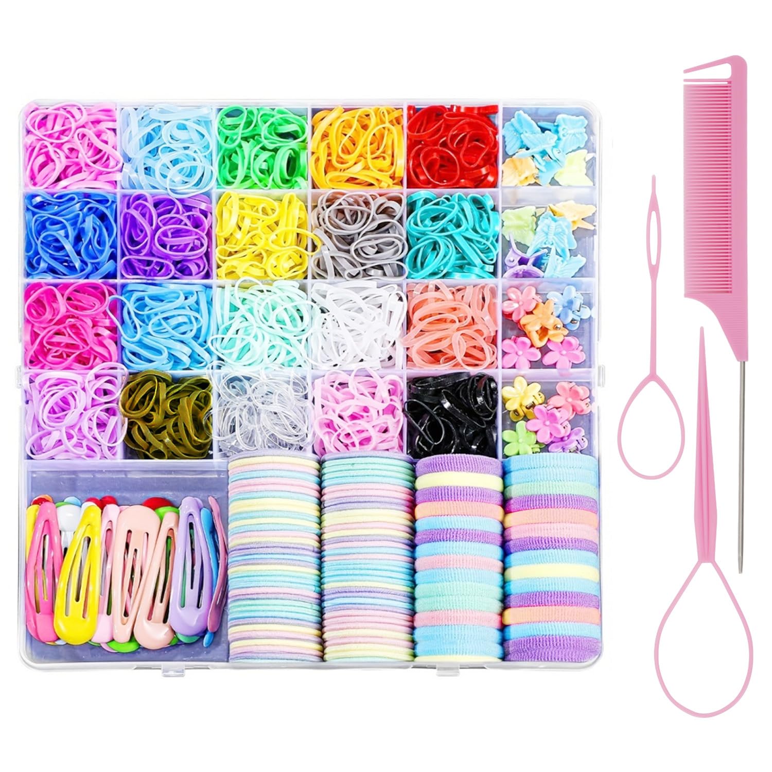 Elastic Hair Bands for Little Girls, GNEGNI LIFE Baby Hair Ties with Tail Hair Tools, Snap Hair Clips, Baby Hair Bobbles, Pin Tail Comb, Hair Accessories Kit for Toddlers Kids with Organizer Box
