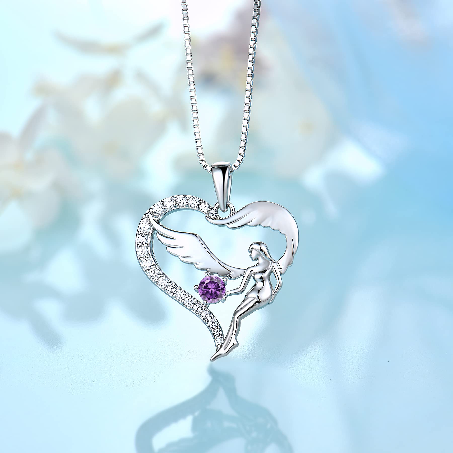FJ Herz Schutzengel Halskette Damen 925 Sterling Silber Engelsflügel Kette Anhänger Geburtsstein Zirkonia Halskette Schmuck Geschenke für Frauen Mädchen