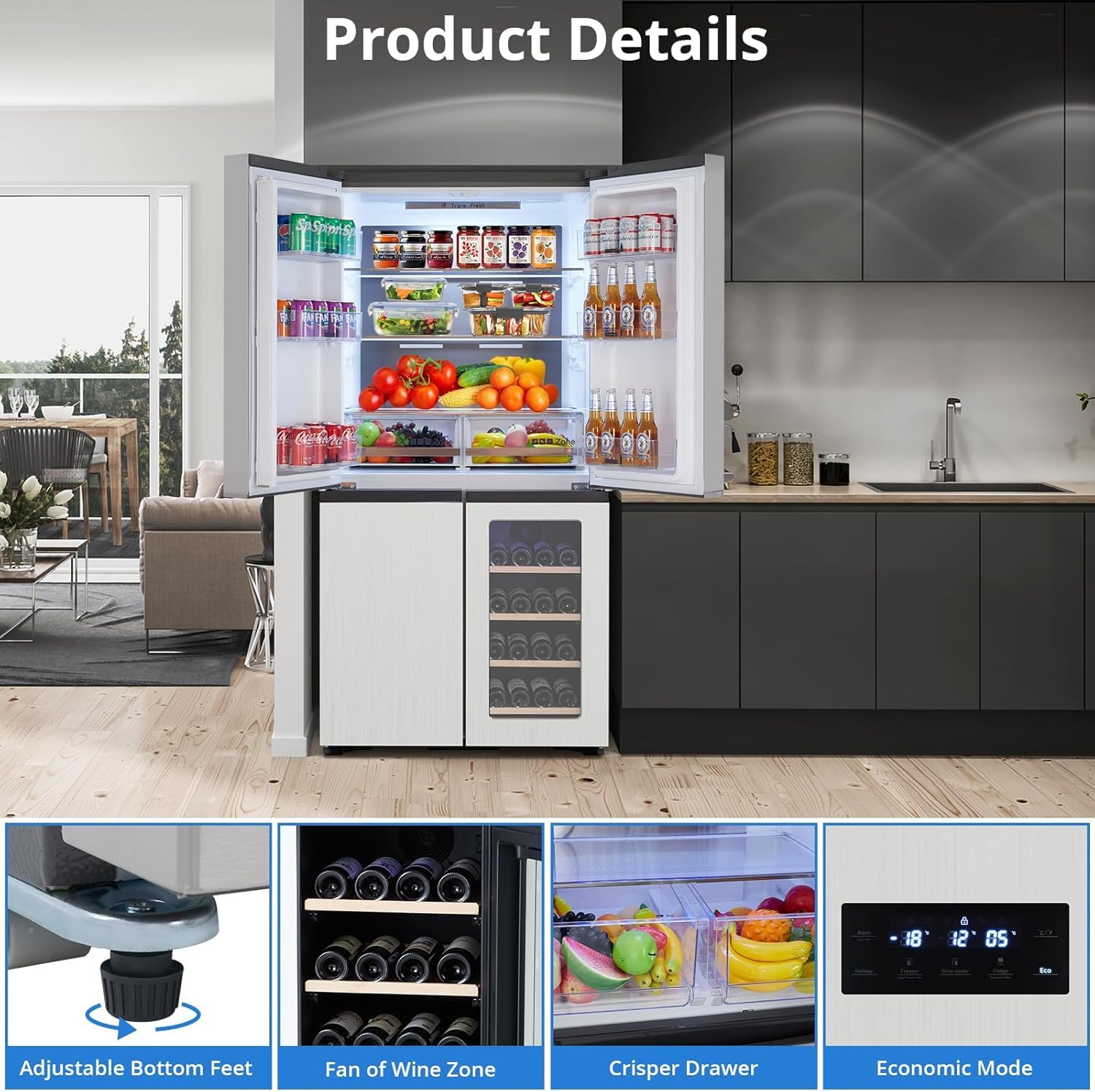 Milleloom 21 Cu. Ft French Door Counter Depth Stainless Steel Refrigerators With 4 Doors, Bottom Freezer, Interior LED Light, And Wine Cooler – Perfect For Kitchen, Office on Fridge.com - View 5