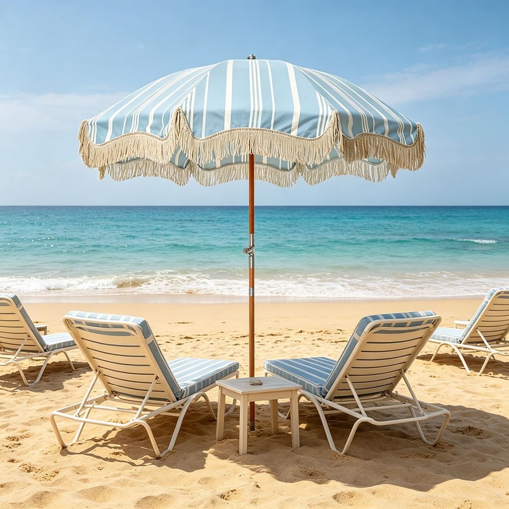 Boho Parasol Plażowy z Frędzlami 200 cm, Parasol Ogrodowy w Paski z Regulacją Nachylenia, Ochrona UV Wodoodporny do Basenu, Ogrodu i na Zewnątrz