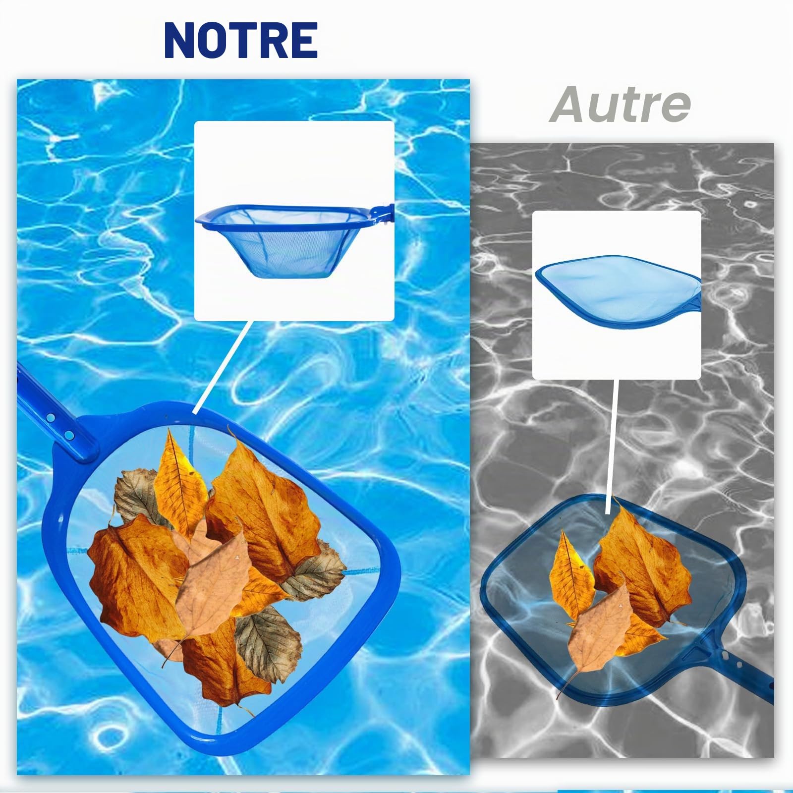 Épuisette Piscine 185 cm avec Manche Télescopique, Kit Nettoyage Piscine Maille Réglable