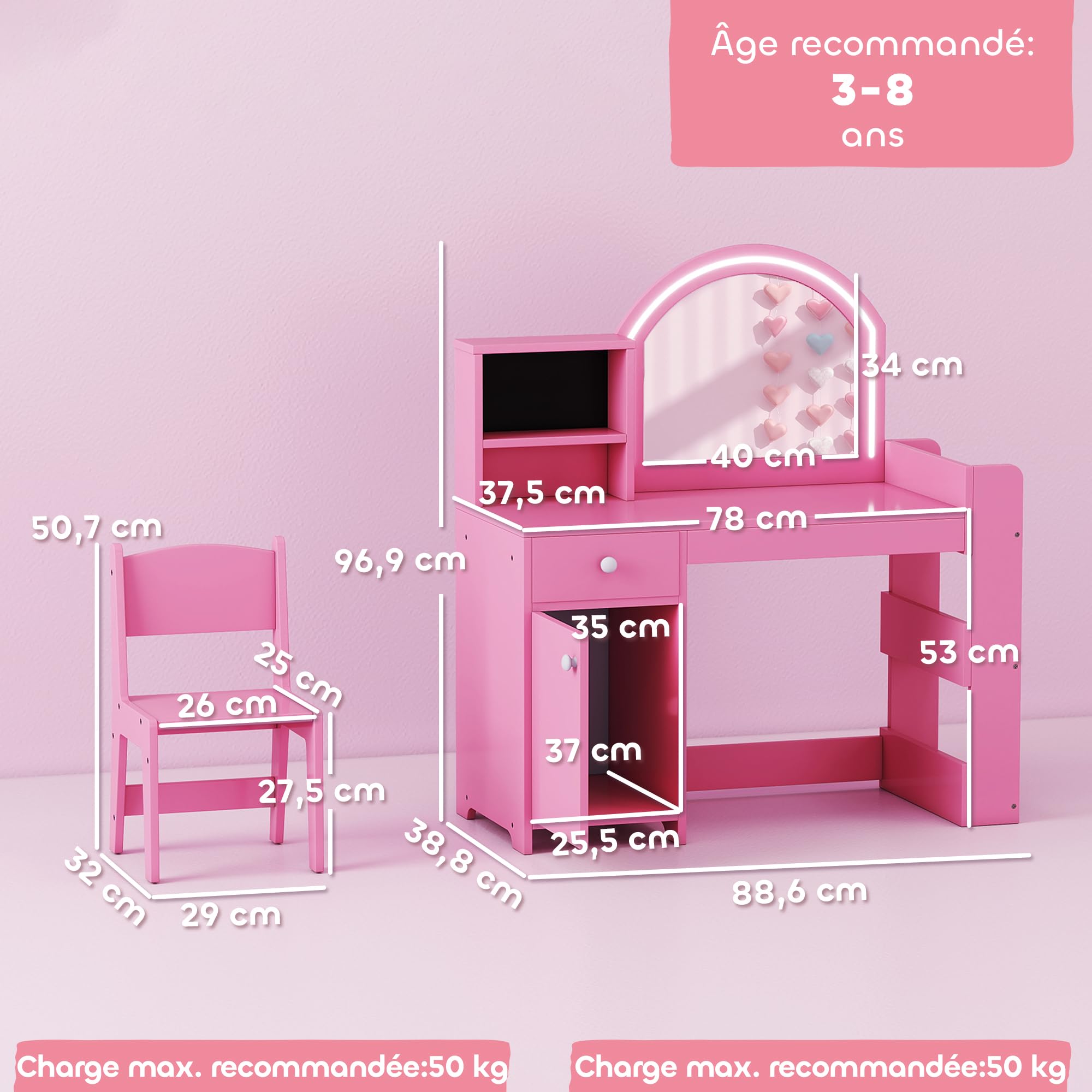 AIYAPLAY Coiffeuse pour Enfants avec Tabouret et Miroir LED, Coiffeuse Fille en Bois avec tiroir, Placard, 2 Compartiments Ouverts et 3 étagères, Table de Maquillage pour 3 à 8 Ans, Rose
