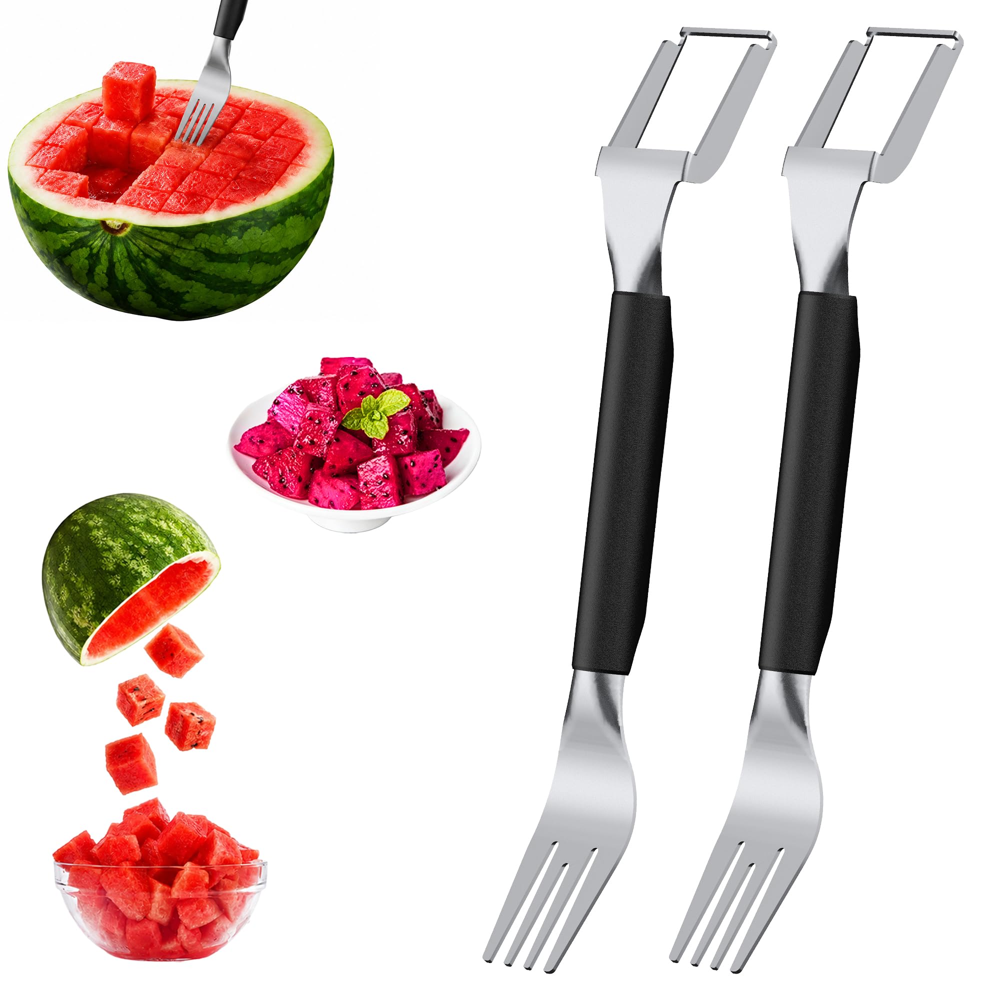 [BRSRYYLRPNYG2ALA] 2-in-1 Stainless Steel Watermelon Cutter, Dual Head Fruit Slicer Fork, Summer Kitchen Gadget for Home