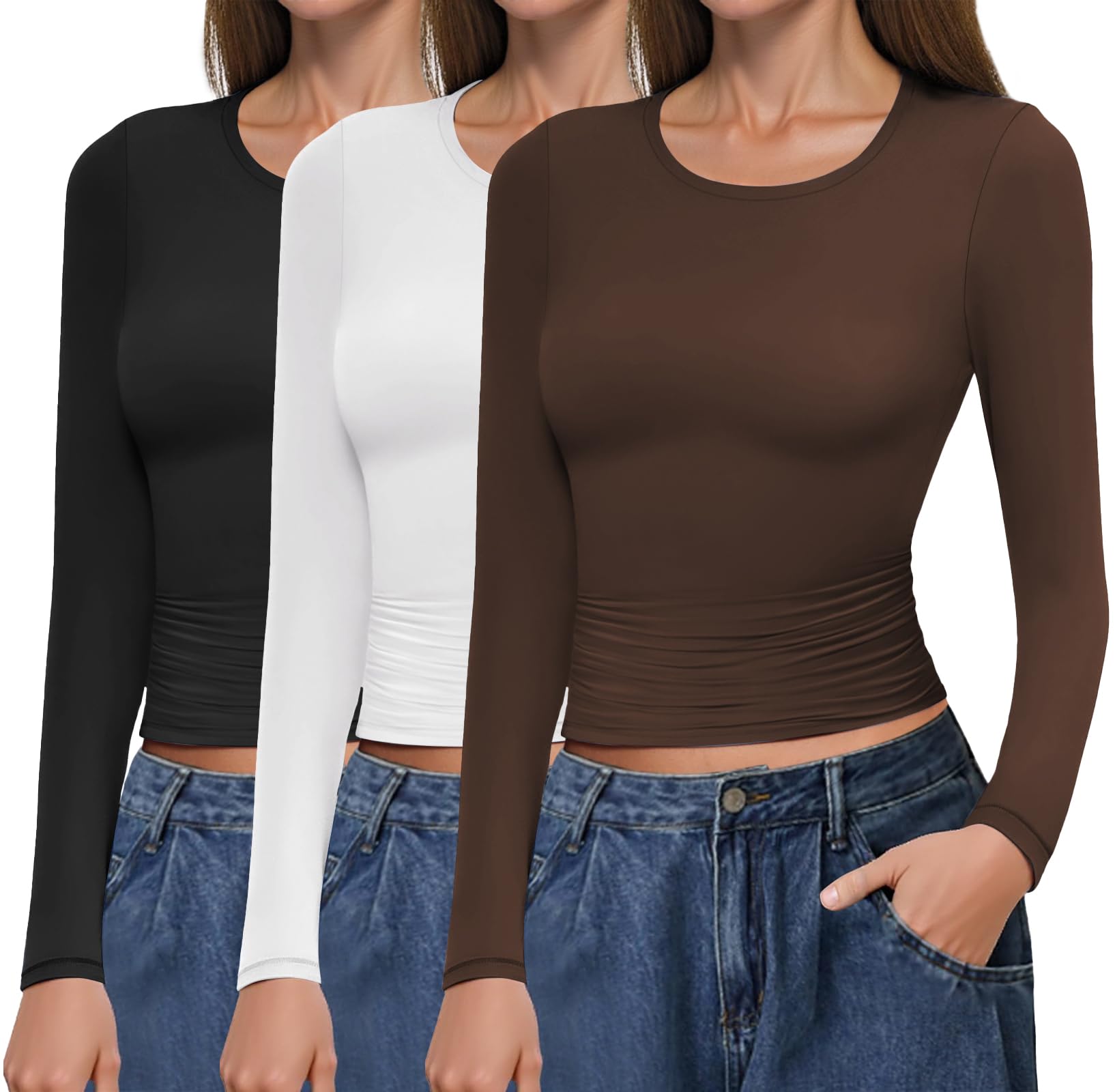 Ekouaer Base Layer Camiseta Termica Mujer Cuello Redondo Invierno Cálido 3 Paquetes