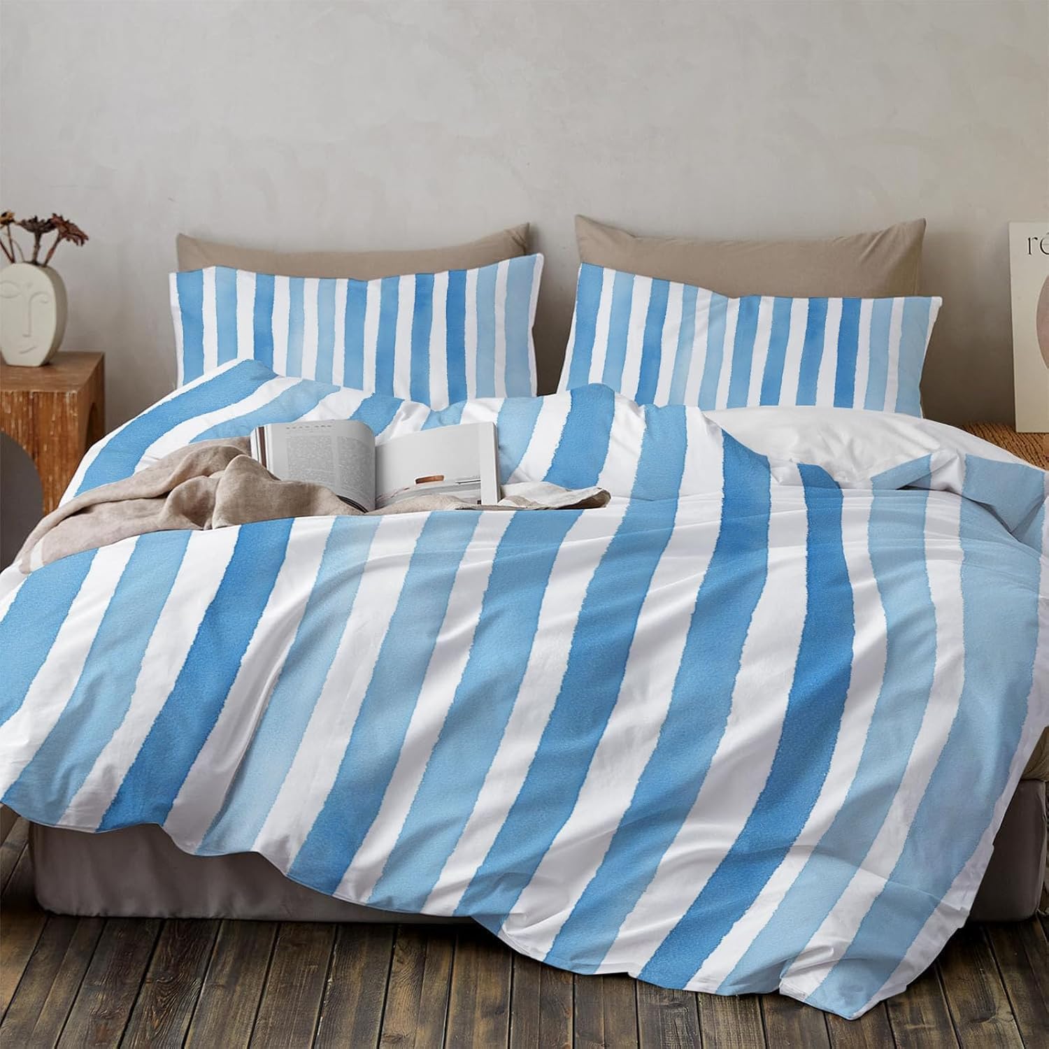 Poszwa na kołdrę 105/120 3D Paski Poszewka na kołdrę Niebieskie pionowe paski 180 x 220 cm, lekka i wygodna pościel z mikrofibry z zamkiem błyskawicznym i 2 poszewkami na poduszki Łatwa w pielęgnacji