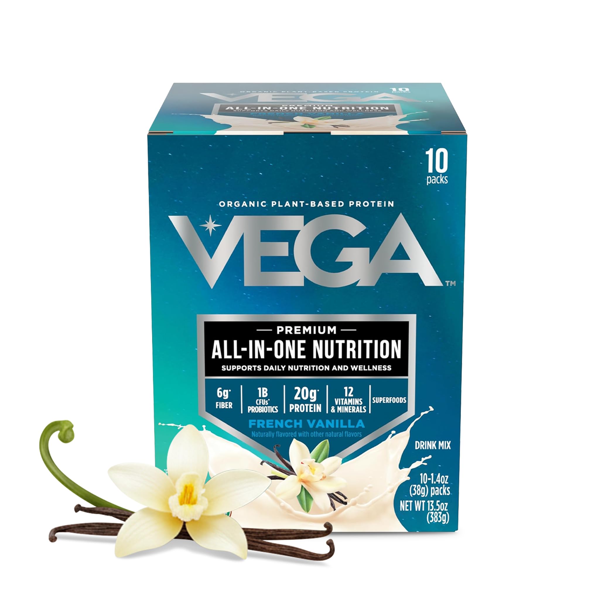 Vega All-in-One Nutrition Organic Vegan Protein Powder – French Vanilla, 20g Protein Meal Replacement Shake – 10 x 1.47 oz (10 Servings)