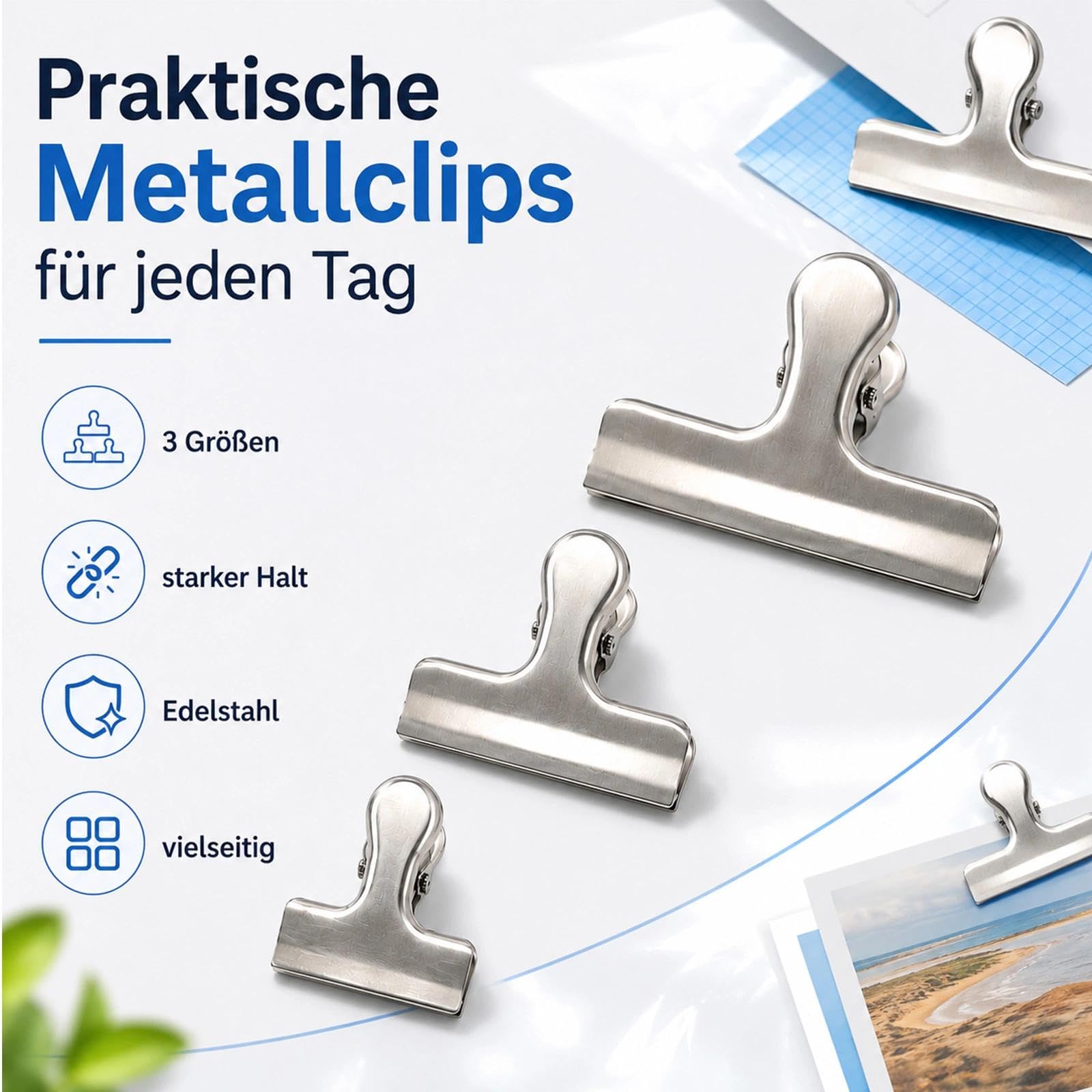 9 mollette di chiusura in acciaio inox, 119 mm, grandi clip di chiusura in metallo, per sacchetti, alimenti e foto, grandi per casa, cucina, scuola e ufficio