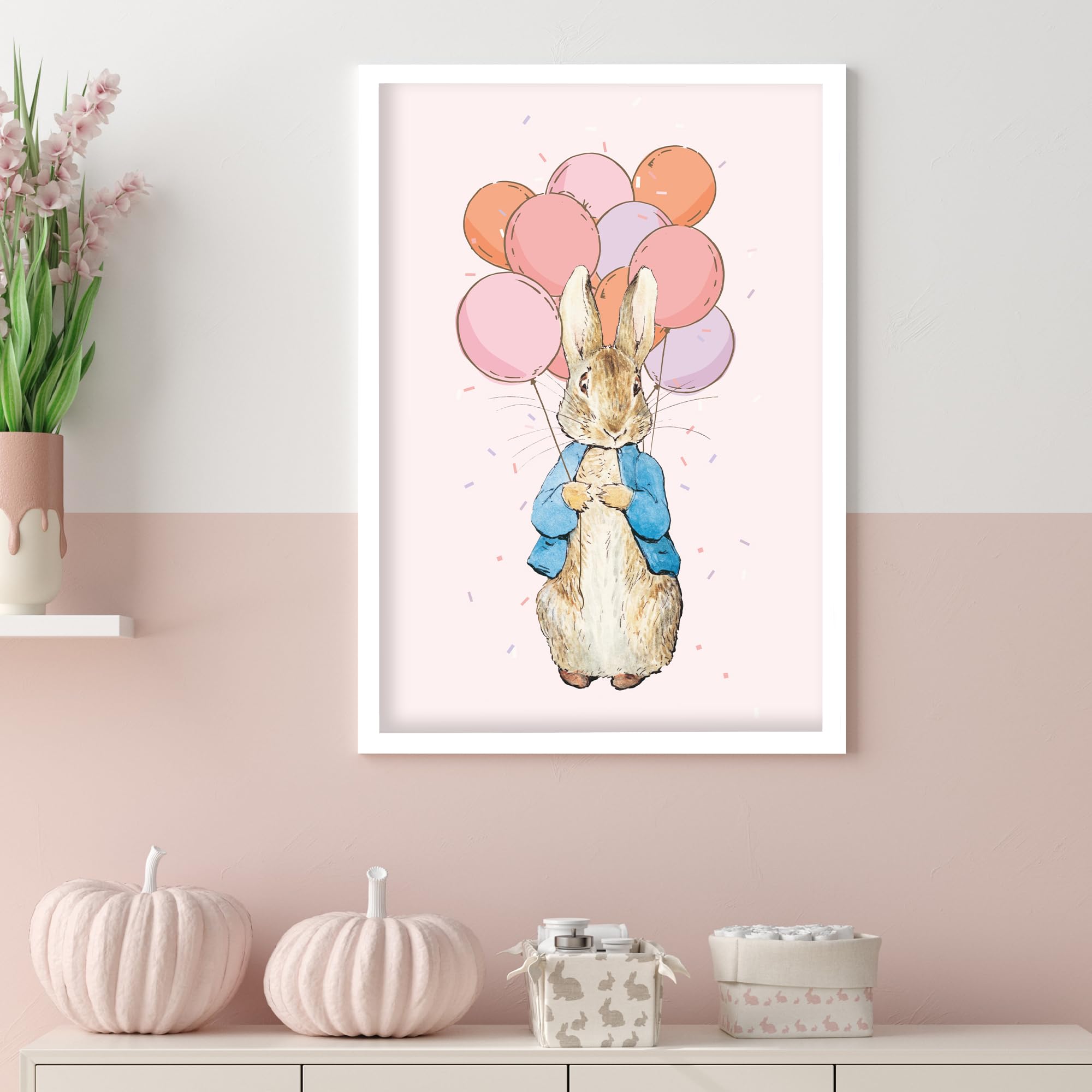 Themed Pink Peter Rabbit Print - Peter And Bunch Of Balloons Nursery Wall Art (A3-29.7Cm X 42Cm)