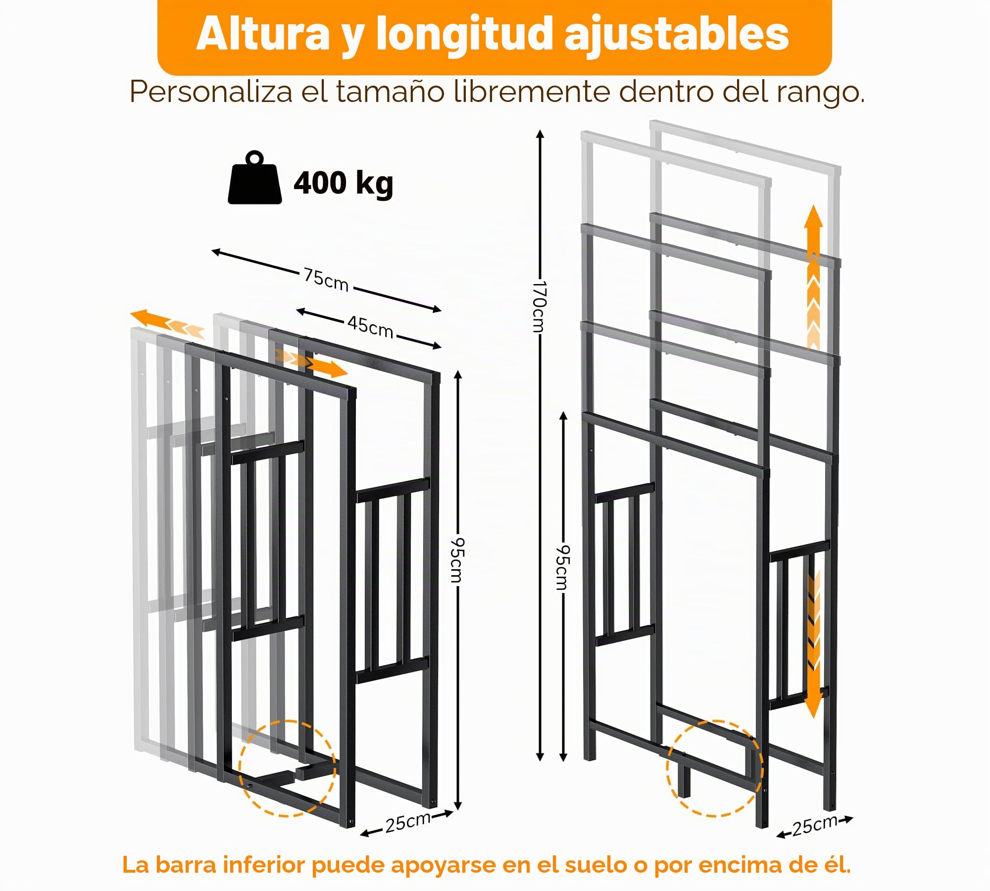 HFHOME Log Store - Estante de madera para interiores con altura y longitud ajustables, apto para uso en exteriores, estante de leña de metal con alfombrilla antideslizante para chimenea y troncos en