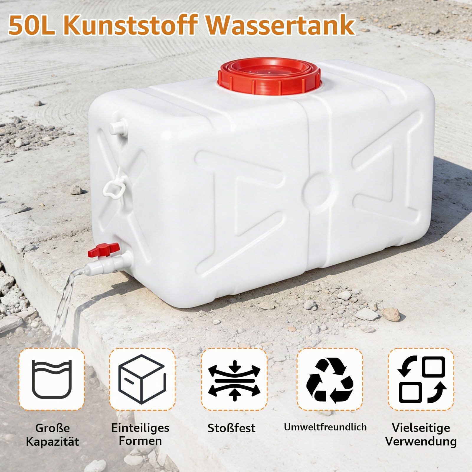 50L Wassertank Wasserbehälter, Wasserkanister mit Ablasshahn Schraubdeckel, HDPE Tragbarer Wasserbehälter, Kunststoff Wassertank für Camping, Wohnmobil, Wandern, Notfall & Haushalt (Weiß)