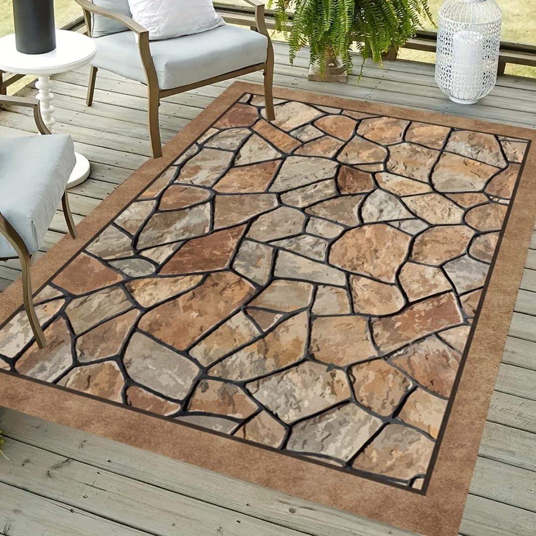 RUILBJM Indoor Outdoor Rug Stone Effect, Non Slip Waterproof Washable Area Rug, Pebble Slate Pattern Floor Mat for Patio Balcony Garden Living Room Hallway Kitchen (COLOR-2,60x90cm)