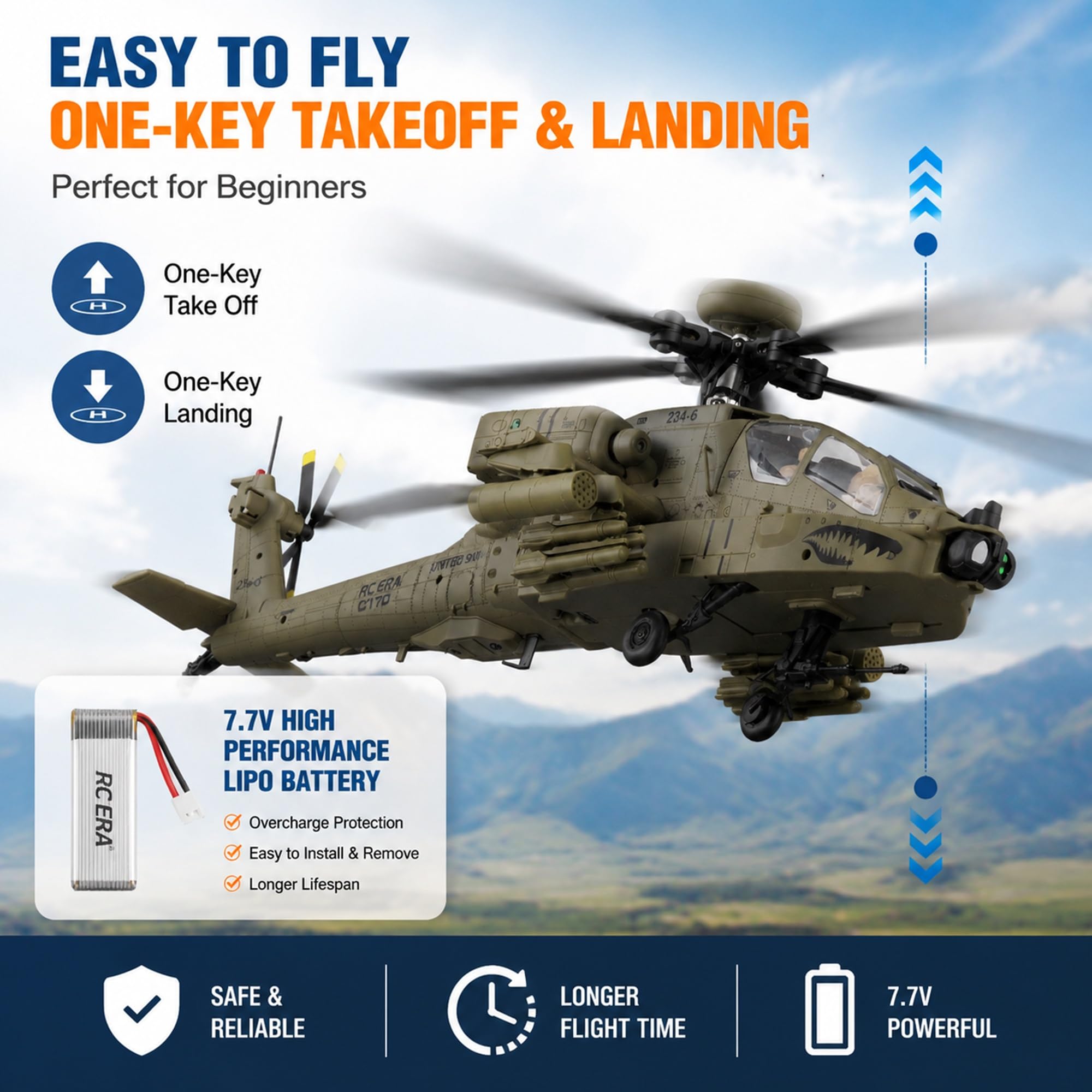 Elicottero RC C170 AH-64D scala 1/48 elicottero radiocomandato flybarless a 6 canali 2.4G con posizionamento a flusso ottico TOF mantenimento dell'altitudine 2 batterie - RTF(Gray)