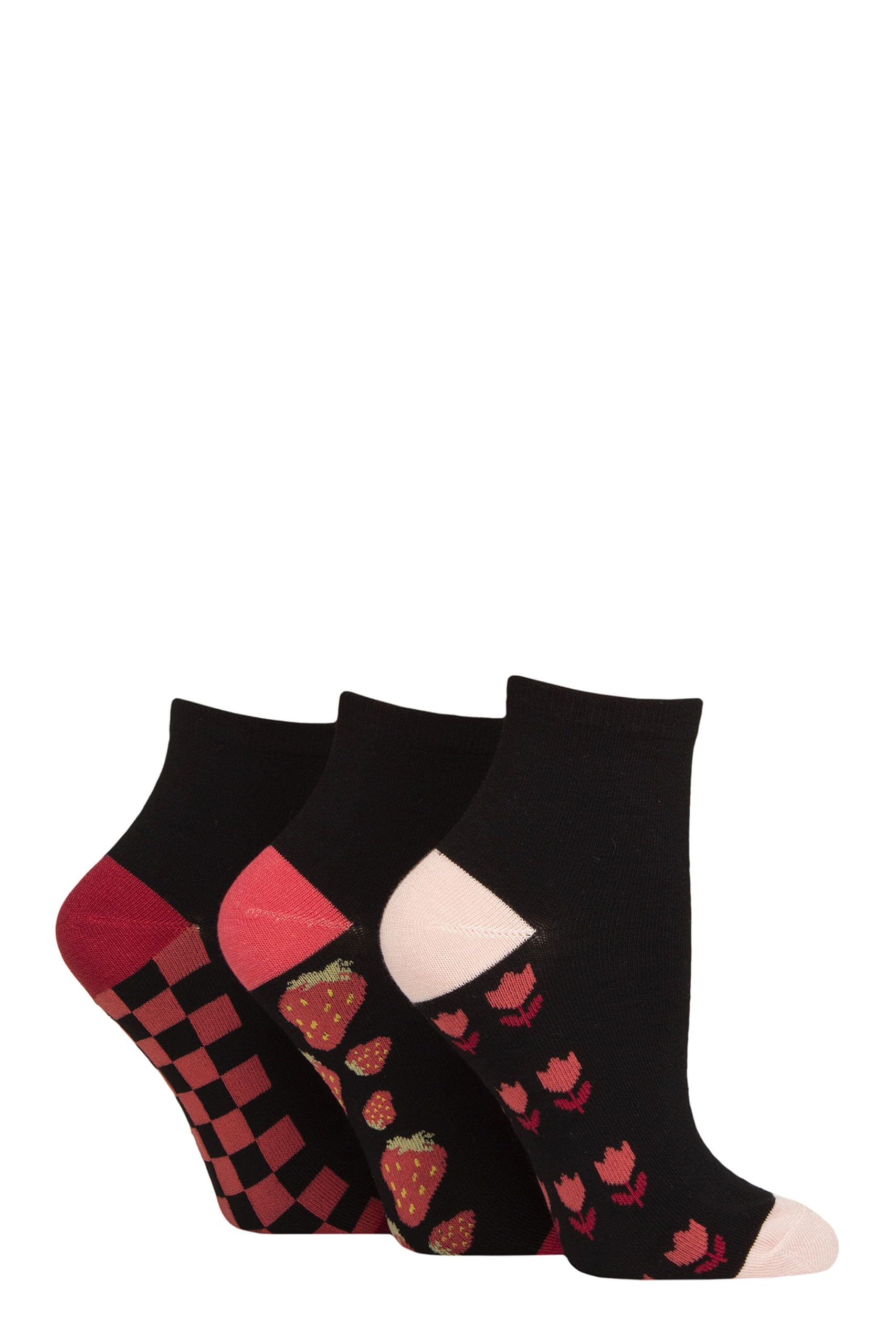 SockShop Women's Bamboo Ankle Socks - Plain, Patterned, Striped, Floral, Colourful, Smooth Toe Seams 3 Pairs Size 4-8 (UK, Numeric, 4, 8, Regular, Regular, Patterned Sole Black/Tuscan Rose)