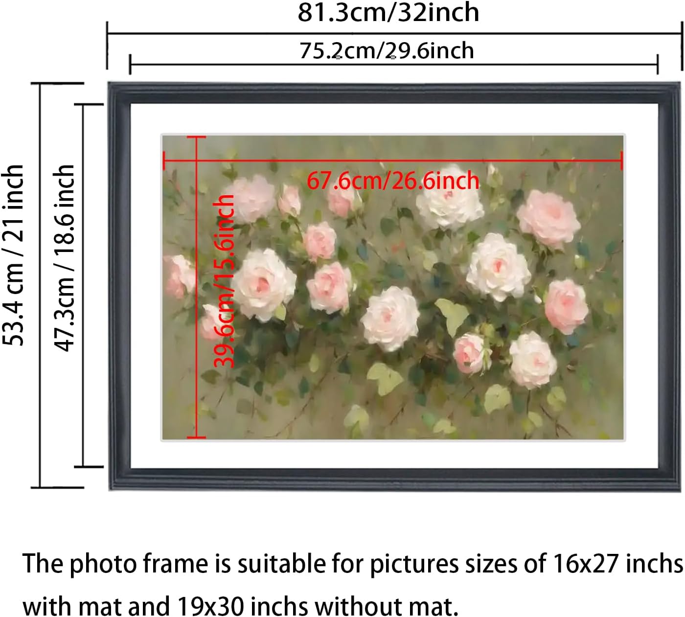 19x30 Panoramic Picture Frames Solid Wood ,With White Mat ,Fit 16x27 inch Photos with Mat or 19x30 without Mat，Poster Frame 19x30Photo Frames Family Wall 16x27 Picture Frame Black (L23B1930W1627)