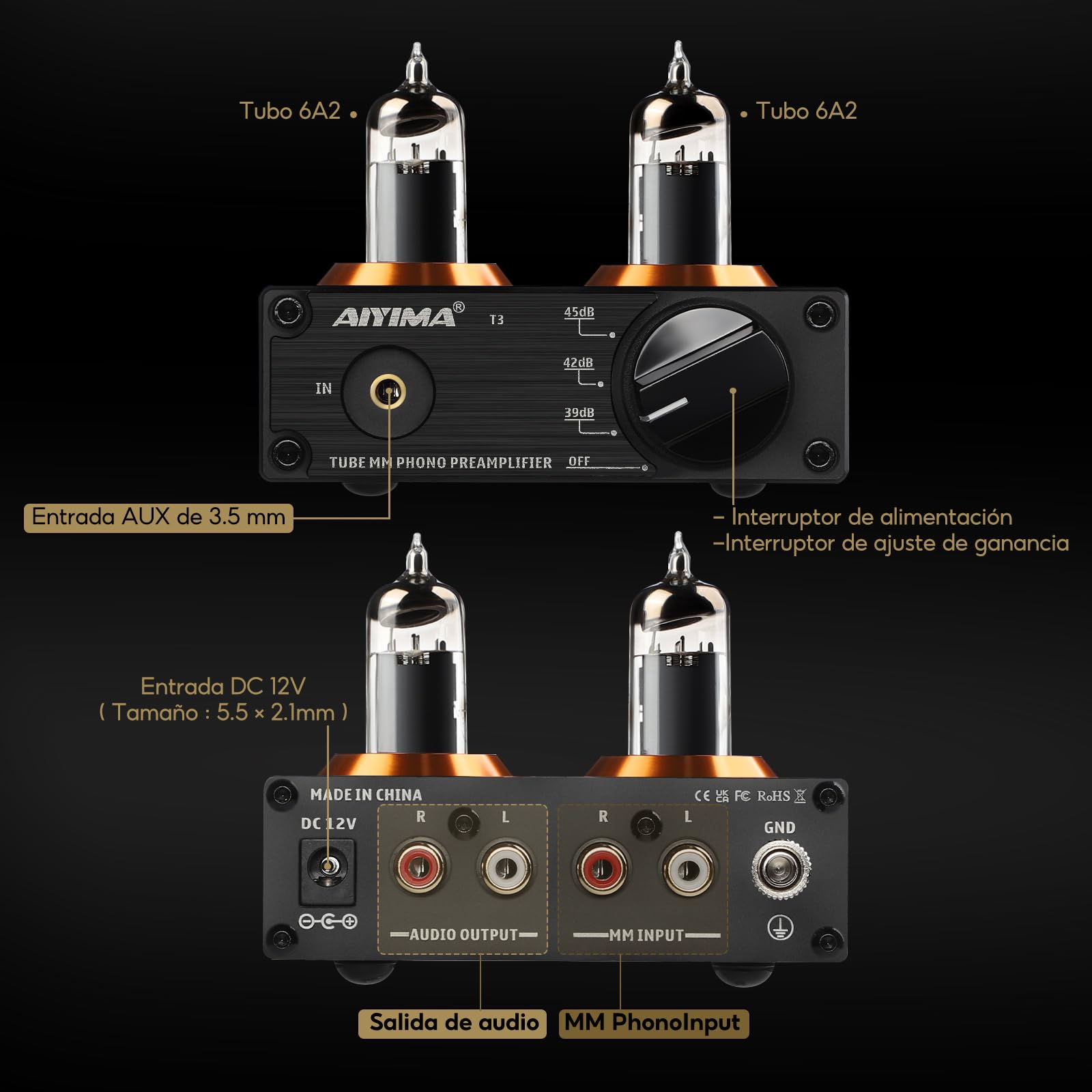AIYIMA T3 Tube MM Phono Preamplifier Preamplificador de alta fidelidad con ganancia Preamplificadores de audio estéreo para tocadiscos Phono Audiophile/Record Player
