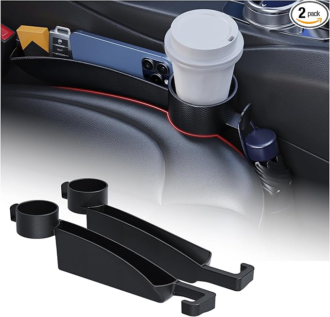 2PCS Car Seat Gap Filler Organizer with Cars Cup Holder,Hook,3 in 1 Car Seat Gap Plug with Storage Slot & Seats Belt Holes & Charging Port,Universal in Between Cars Seats Catcher