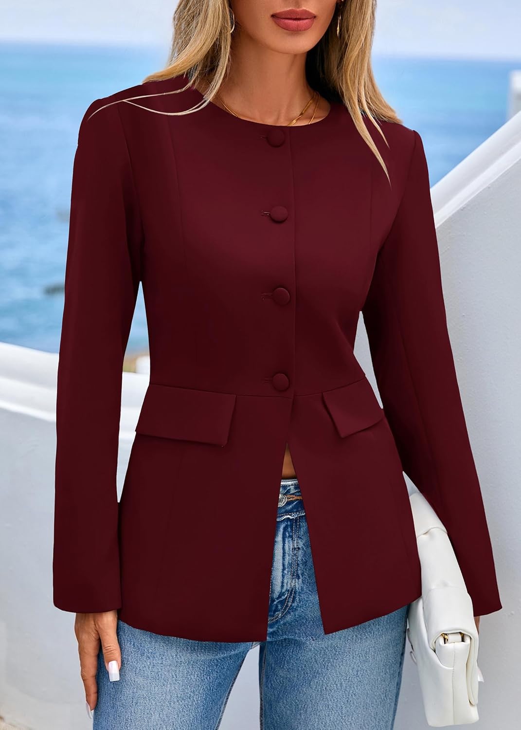 Lazysmile Blazers for Women Long Sleeve Crewneck Button Down Suit Jackets Work Office Business Casual Outfits with Pockets - Image 6