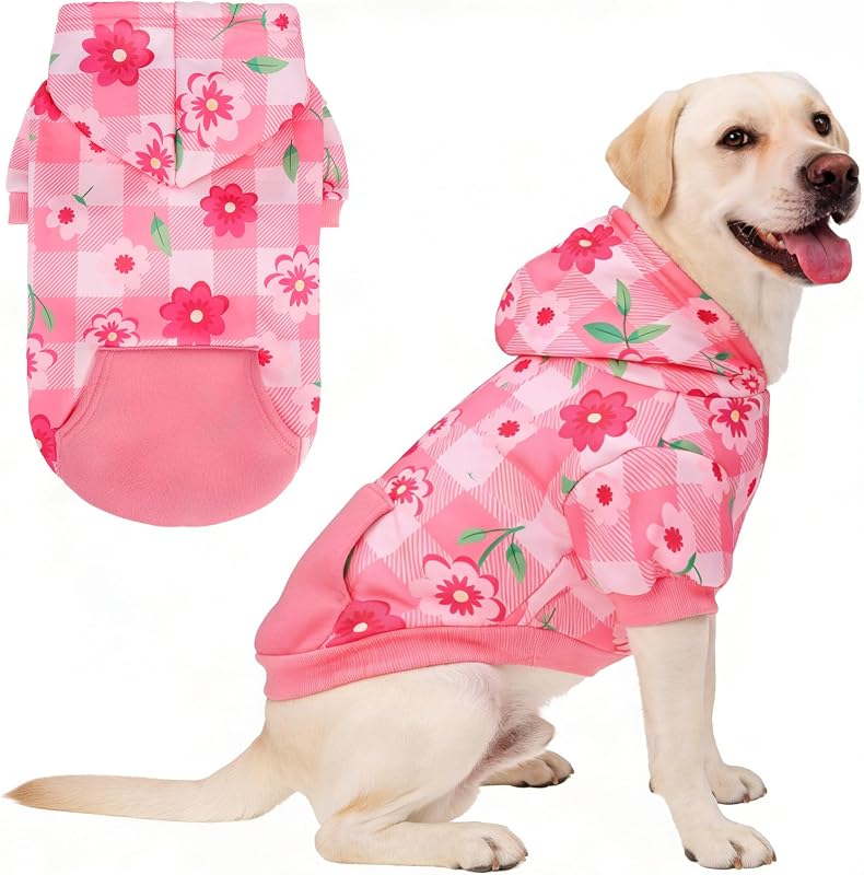 buzo de primavera con capucha para perros KOOLTAIL con sombrero y bolsillo para perros medianos y grandes, acampada de picnic al aire libre, protección contra insectos contra la pérdida de cabello, buzo suave con capucha para perros, flor rosa L