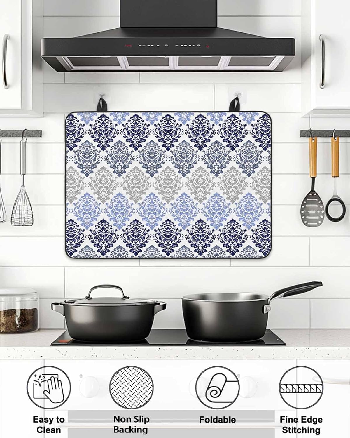 Stove Top Cover Floral Damask Pattern Stove Cover for Electric Stove Top Ombre Navy Blue Luxury Glass Cooktop Covers Anti-Slip Mat Heat R esistant Countertop Protector Kitchen Decor 28.5"x20.5"