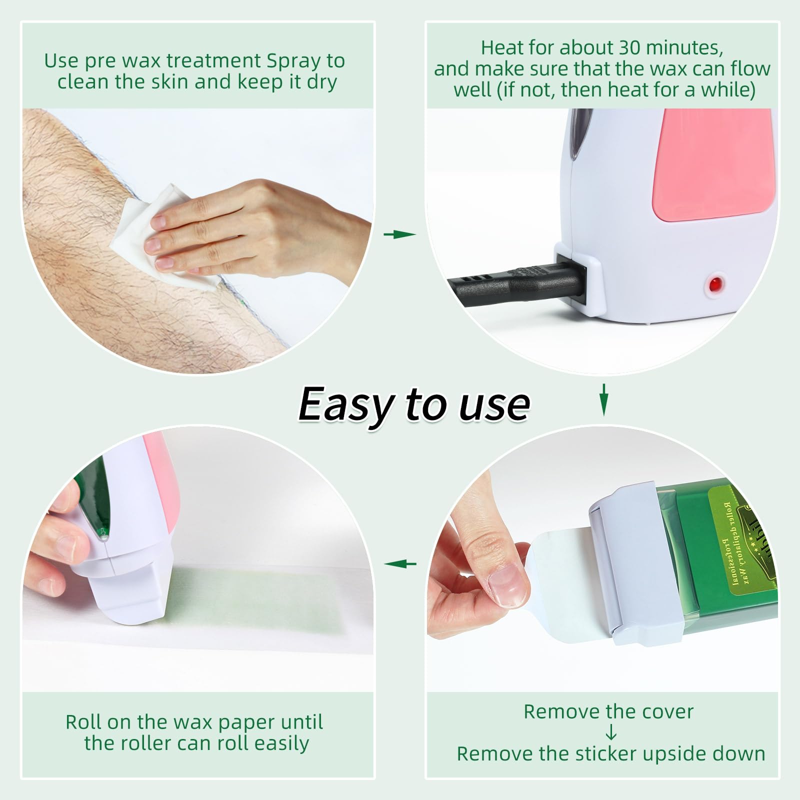 Kit di cera roll-on per pelli sensibili, rullo di cera per grandi aree di casa