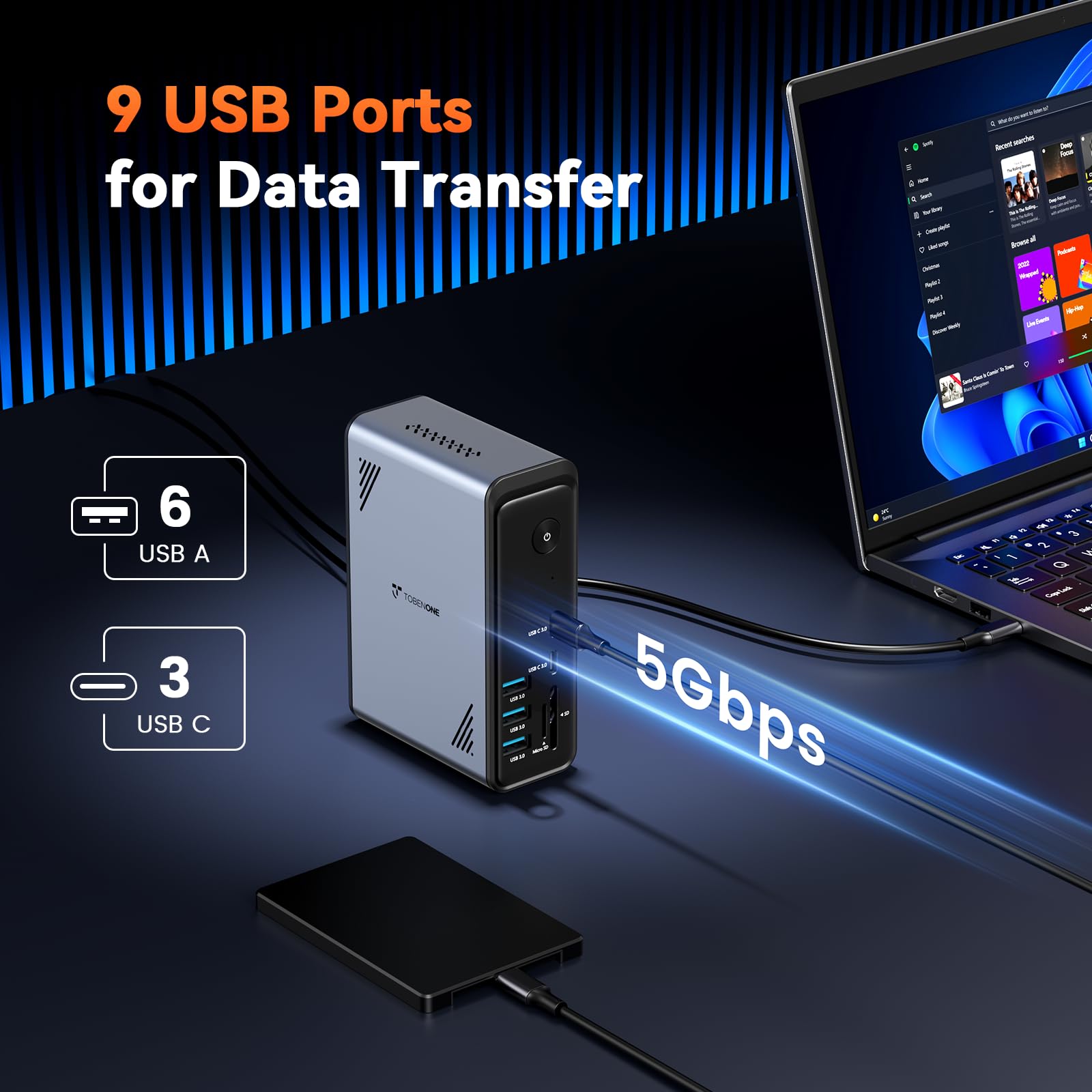 TobenONE 18 in 1 Laptop Docking Station 3 Monitors, Triple 4K Display with 3 HDMI, 9 USB Ports, Gigabit Ethernet, PD3.0, for Windows/Dell/Lenovo/HP/Thinkpad Laptops (No Power Adapter) — view 4